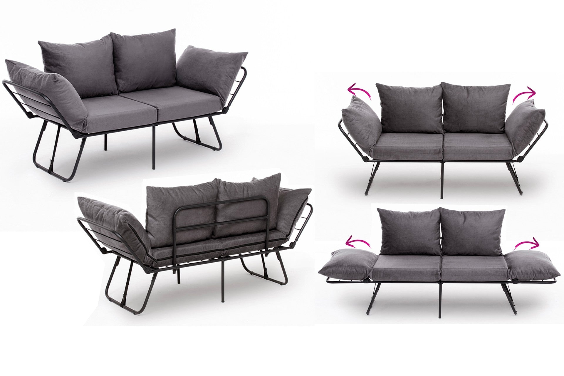Sofá-cama elegante de 2 lugares, cinza, 150 cm | Estrutura 100% metálica, tecido 100% poliéster | Fácil de converter, braços ajustáveis em 14 níveis, perfeito para espaços modernos