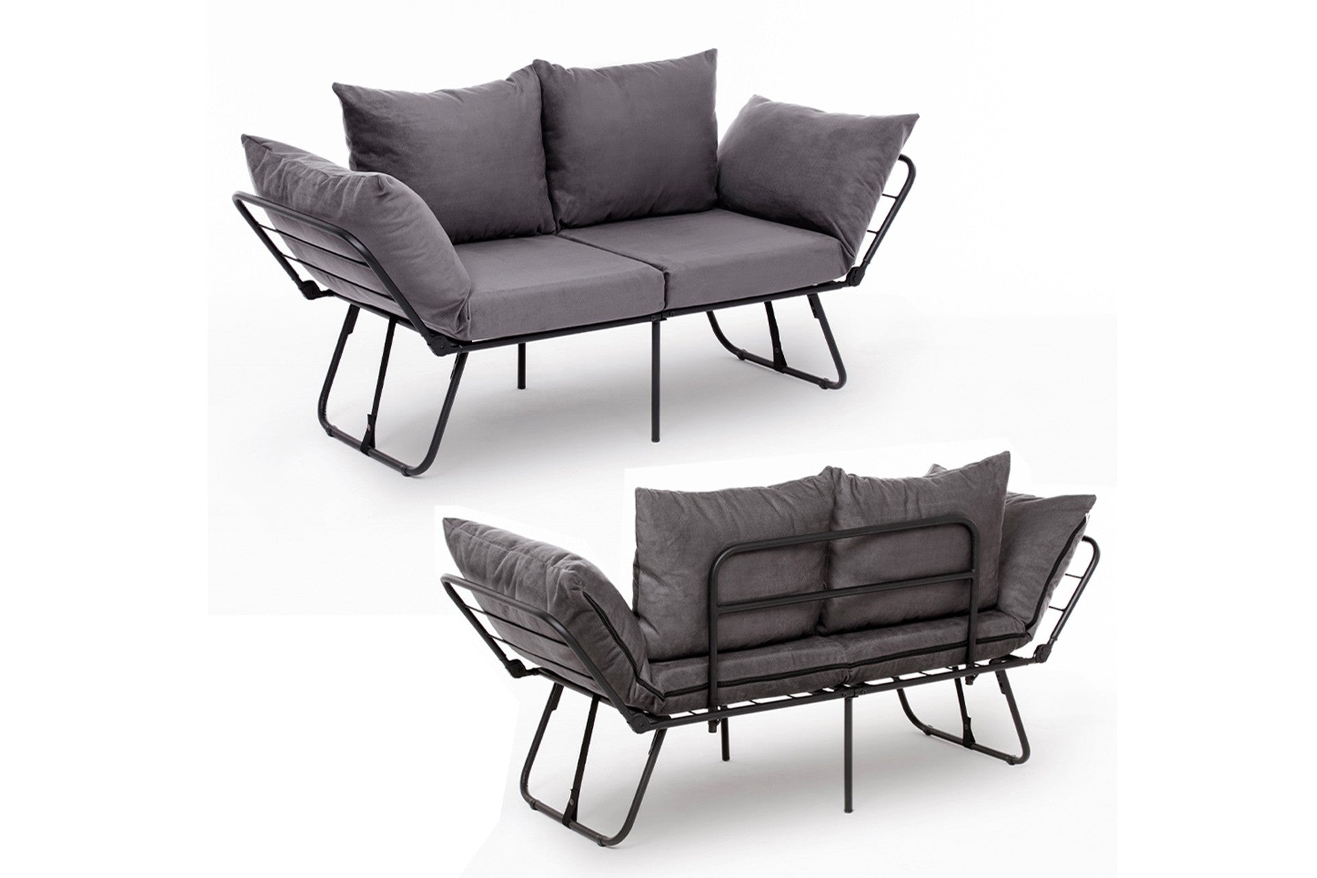Sofá-cama elegante de 2 lugares, cinza, 150 cm | Estrutura 100% metálica, tecido 100% poliéster | Fácil de converter, braços ajustáveis em 14 níveis, perfeito para espaços modernos