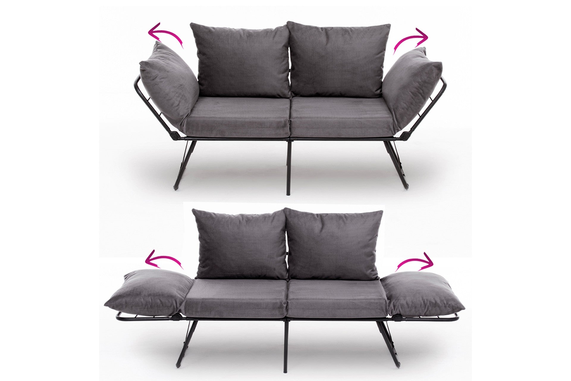 Sofá-cama elegante de 2 lugares, cinza, 150 cm | Estrutura 100% metálica, tecido 100% poliéster | Fácil de converter, braços ajustáveis em 14 níveis, perfeito para espaços modernos