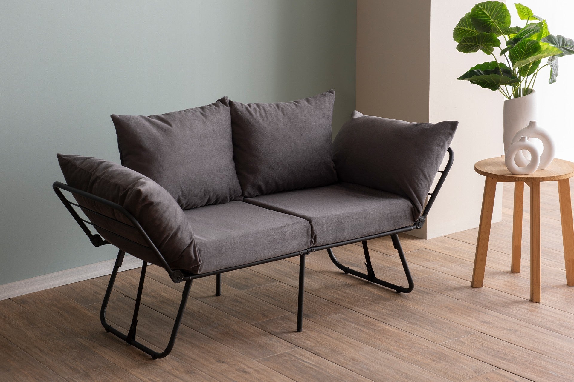 Sofá-cama elegante de 2 lugares, cinza, 150 cm | Estrutura 100% metálica, tecido 100% poliéster | Fácil de converter, braços ajustáveis em 14 níveis, perfeito para espaços modernos