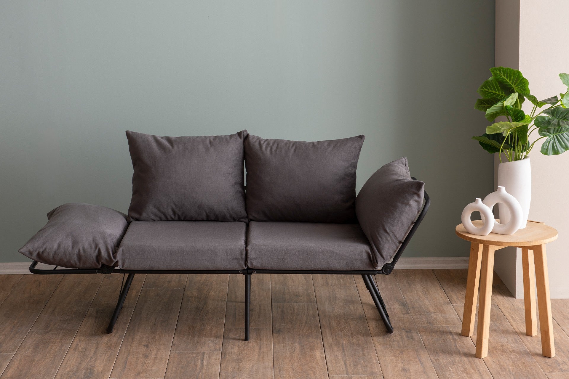 Sofá-cama elegante de 2 lugares, cinza, 150 cm | Estrutura 100% metálica, tecido 100% poliéster | Fácil de converter, braços ajustáveis em 14 níveis, perfeito para espaços modernos