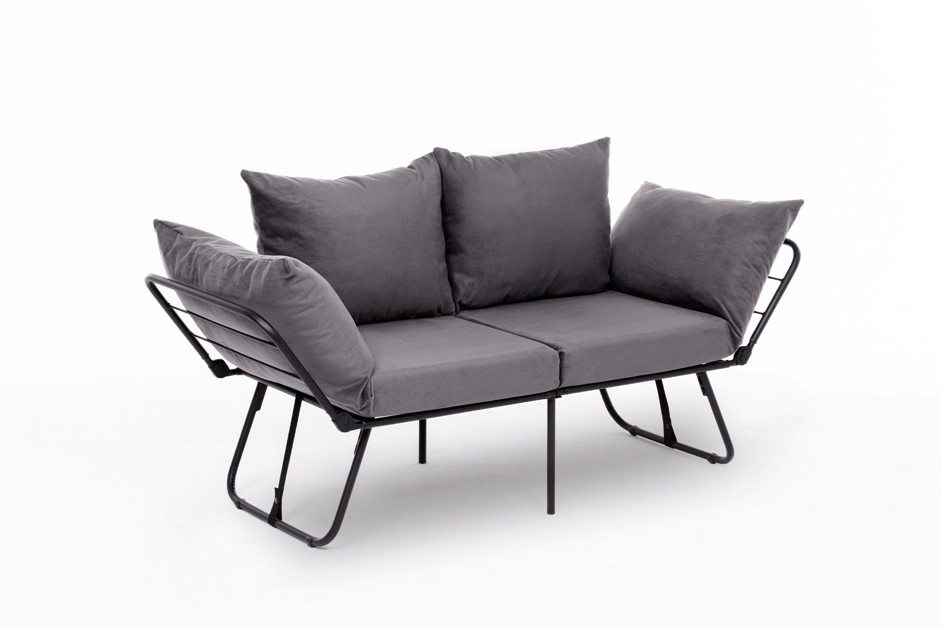 Sofá-cama elegante de 2 lugares, cinza, 150 cm | Estrutura 100% metálica, tecido 100% poliéster | Fácil de converter, braços ajustáveis em 14 níveis, perfeito para espaços modernos