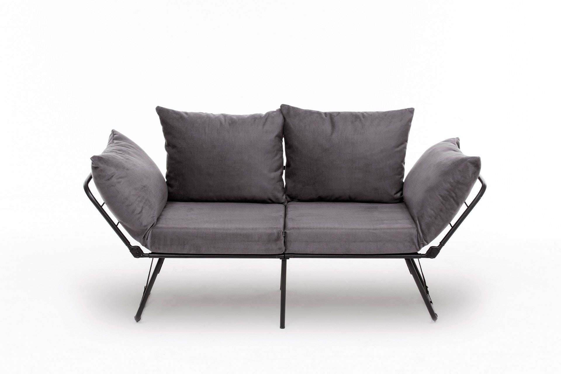 Sofá-cama elegante de 2 lugares, cinza, 150 cm | Estrutura 100% metálica, tecido 100% poliéster | Fácil de converter, braços ajustáveis em 14 níveis, perfeito para espaços modernos