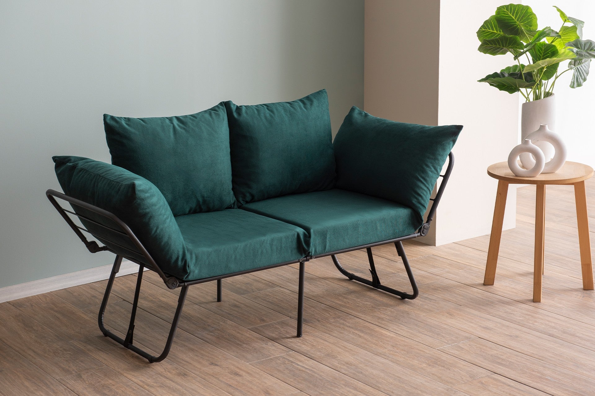 Sofá-cama de 2 lugares verde-petróleo, estrutura 100% metálica, 150 cm | Design conversível, 24 almofadas de espuma DNS, perfeito para salas de estar modernas e quartos de hóspedes