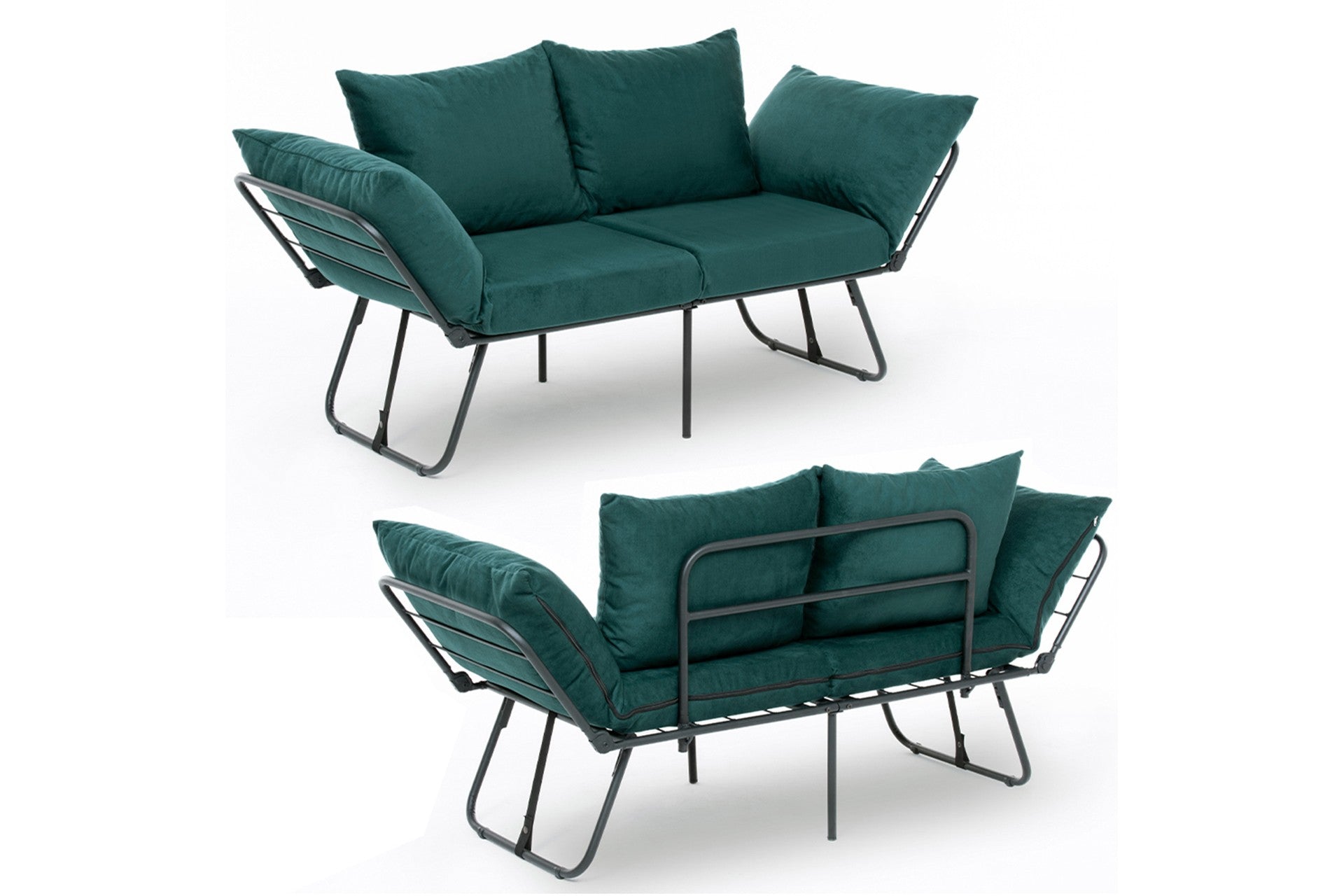 Sofá-cama de 2 lugares verde-petróleo, estrutura 100% metálica, 150 cm | Design conversível, 24 almofadas de espuma DNS, perfeito para salas de estar modernas e quartos de hóspedes