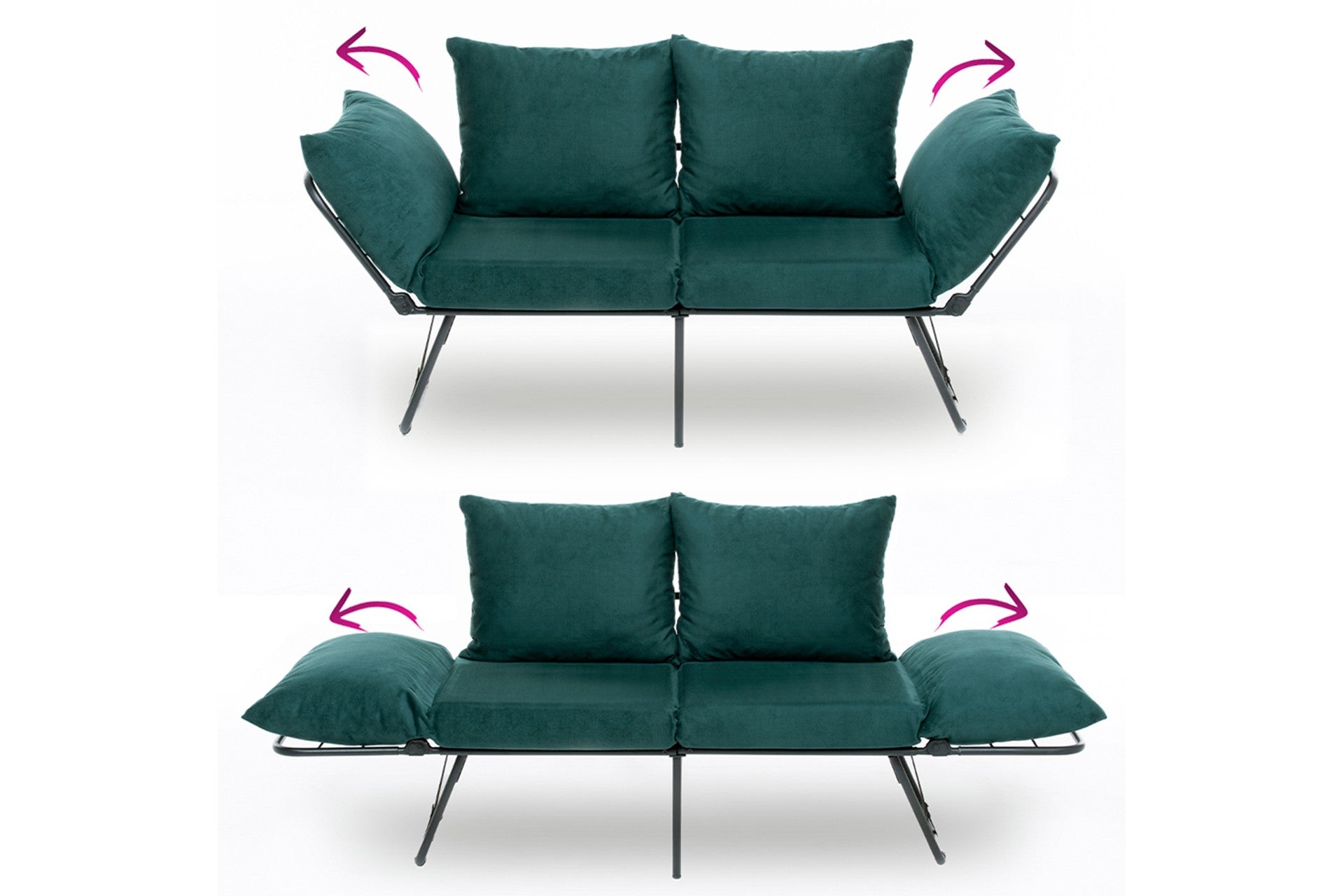 Sofá-cama de 2 lugares verde-petróleo, estrutura 100% metálica, 150 cm | Design conversível, 24 almofadas de espuma DNS, perfeito para salas de estar modernas e quartos de hóspedes
