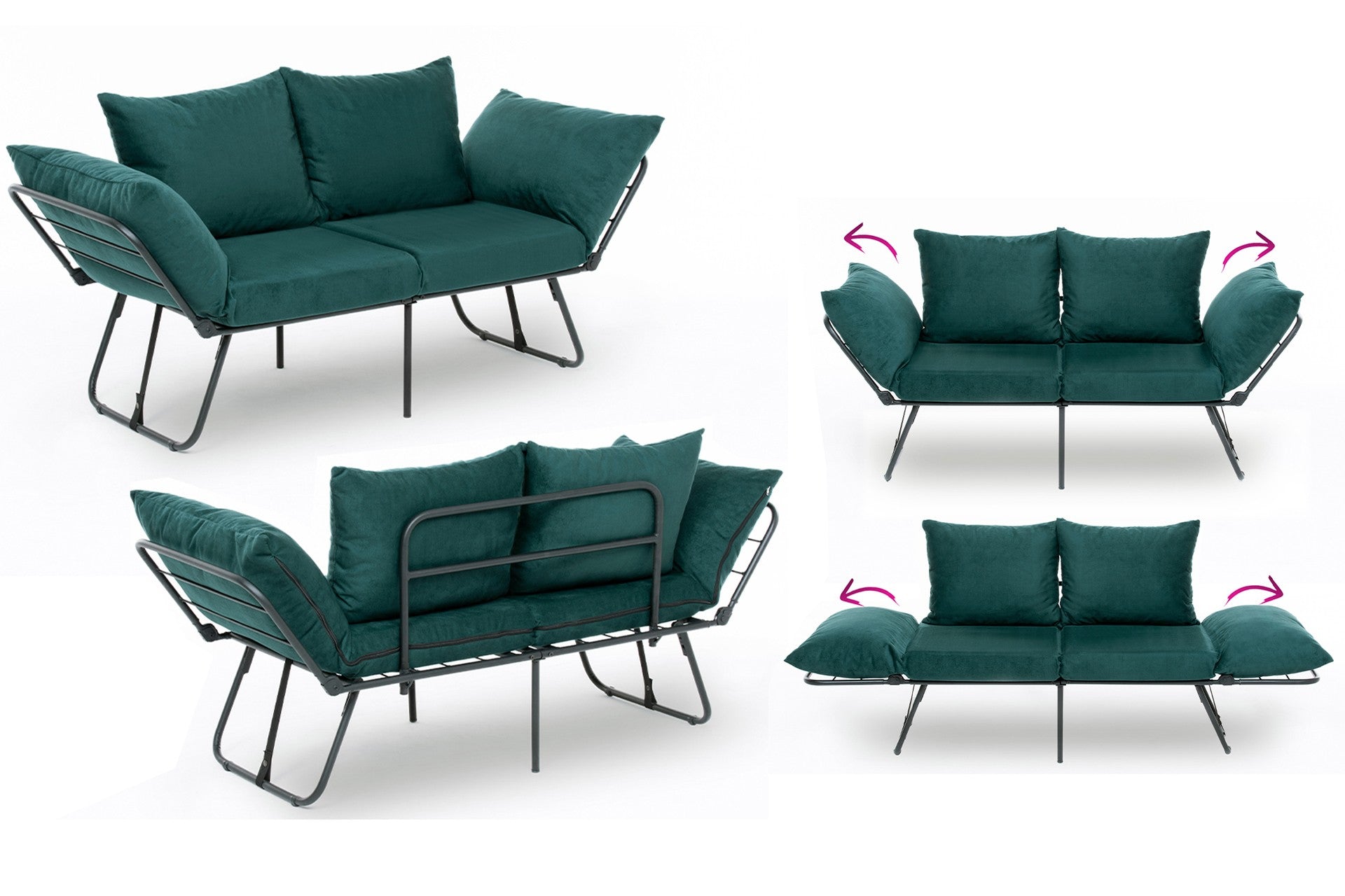 Sofá-cama de 2 lugares verde-petróleo, estrutura 100% metálica, 150 cm | Design conversível, 24 almofadas de espuma DNS, perfeito para salas de estar modernas e quartos de hóspedes