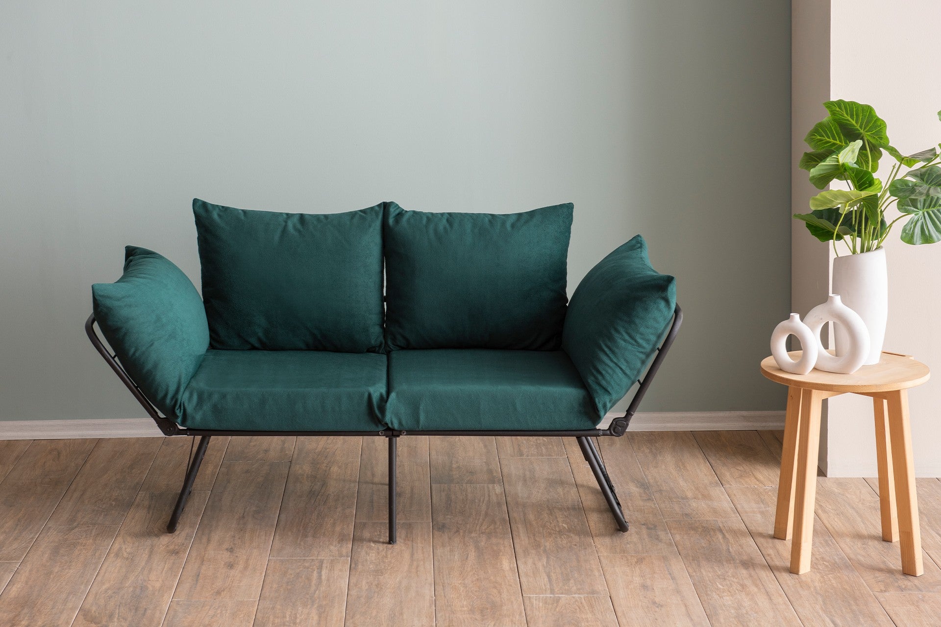 Sofá-cama de 2 lugares verde-petróleo, estrutura 100% metálica, 150 cm | Design conversível, 24 almofadas de espuma DNS, perfeito para salas de estar modernas e quartos de hóspedes