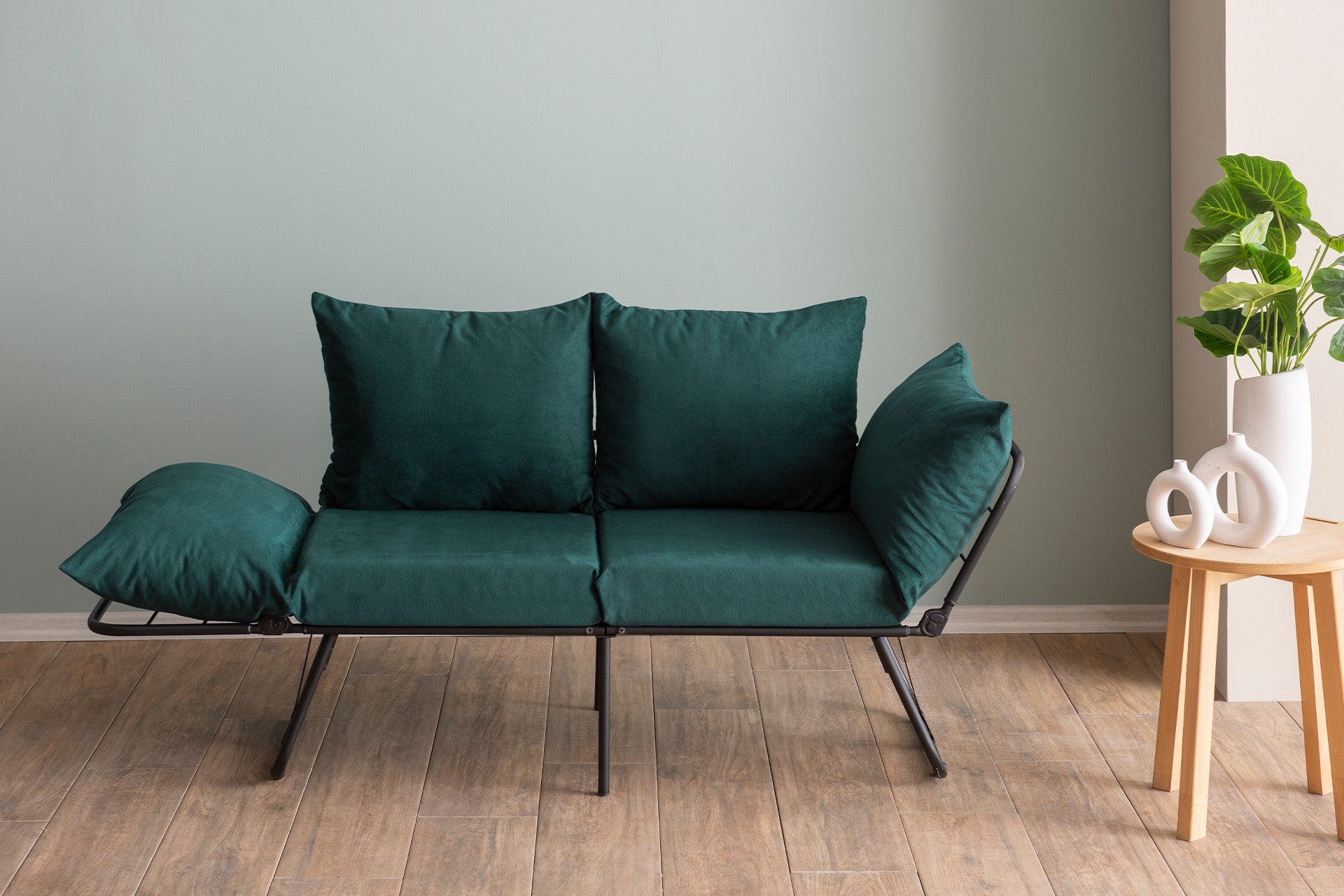 Sofá-cama de 2 lugares verde-petróleo, estrutura 100% metálica, 150 cm | Design conversível, 24 almofadas de espuma DNS, perfeito para salas de estar modernas e quartos de hóspedes