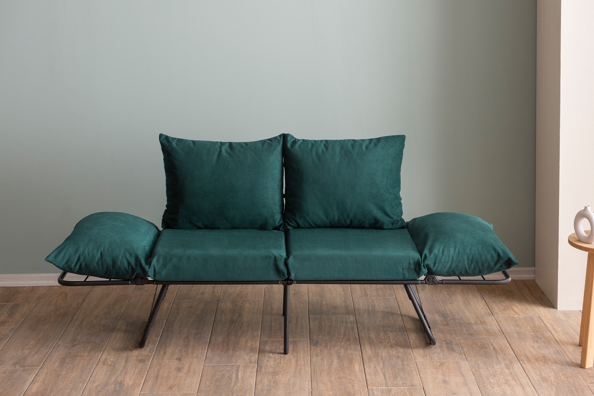 Sofá-cama de 2 lugares verde-petróleo, estrutura 100% metálica, 150 cm | Design conversível, 24 almofadas de espuma DNS, perfeito para salas de estar modernas e quartos de hóspedes