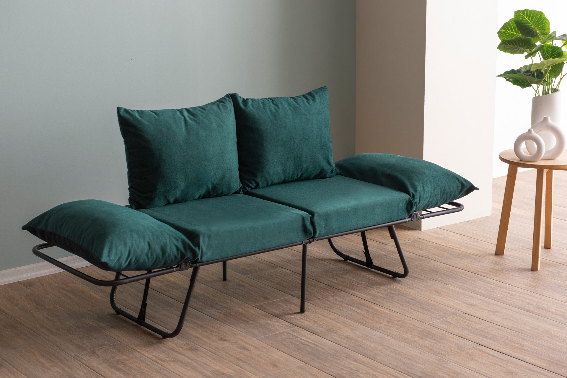 Sofá-cama de 2 lugares verde-petróleo, estrutura 100% metálica, 150 cm | Design conversível, 24 almofadas de espuma DNS, perfeito para salas de estar modernas e quartos de hóspedes