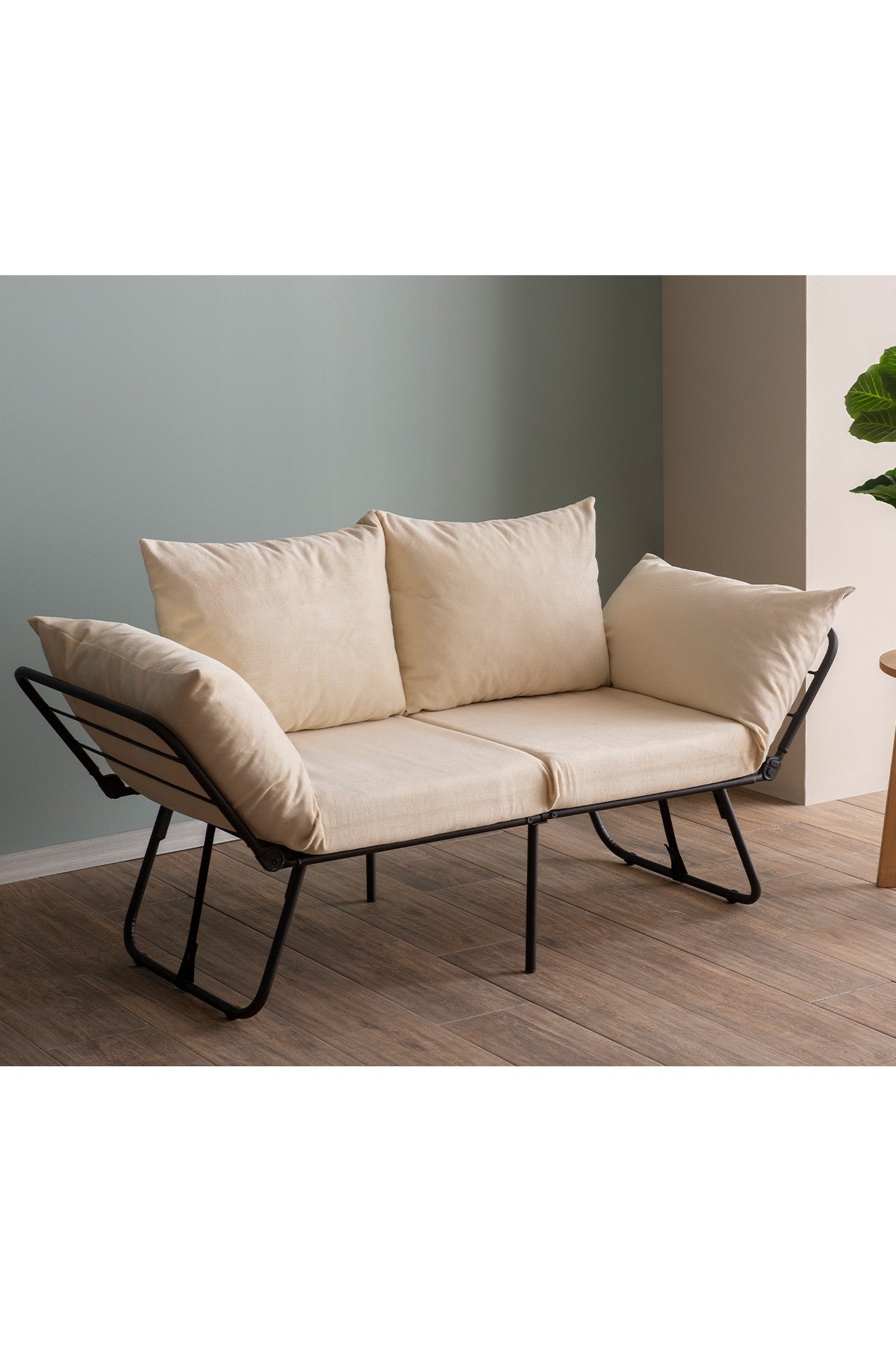 Sofá-cama de 2 lugares creme claro, estrutura 100% metálica, assento com 42 cm de profundidade e cama com 180 cm de tamanho | Espuma DNS 24, braços ajustáveis, design elegante e funcional