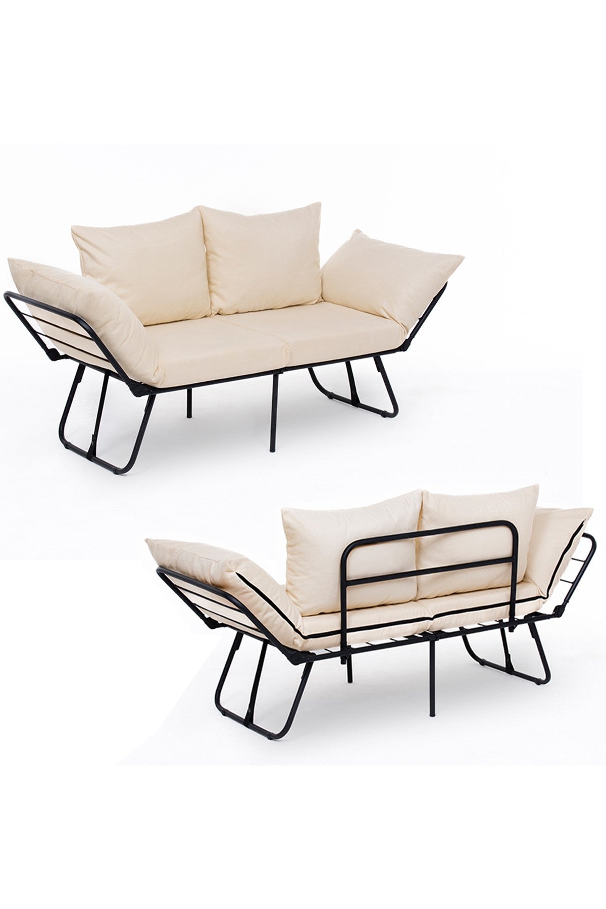 Sofá-cama de 2 lugares creme claro, estrutura 100% metálica, assento com 42 cm de profundidade e cama com 180 cm de tamanho | Espuma DNS 24, braços ajustáveis, design elegante e funcional