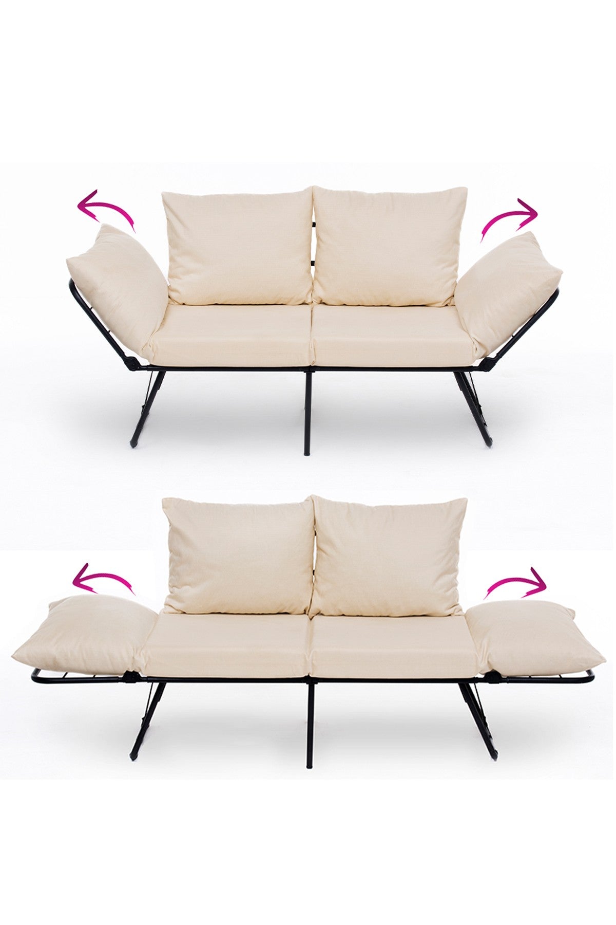 Sofá-cama de 2 lugares creme claro, estrutura 100% metálica, assento com 42 cm de profundidade e cama com 180 cm de tamanho | Espuma DNS 24, braços ajustáveis, design elegante e funcional