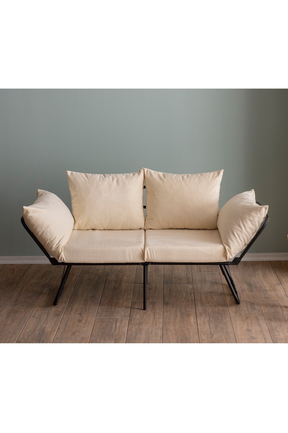Sofá-cama de 2 lugares creme claro, estrutura 100% metálica, assento com 42 cm de profundidade e cama com 180 cm de tamanho | Espuma DNS 24, braços ajustáveis, design elegante e funcional