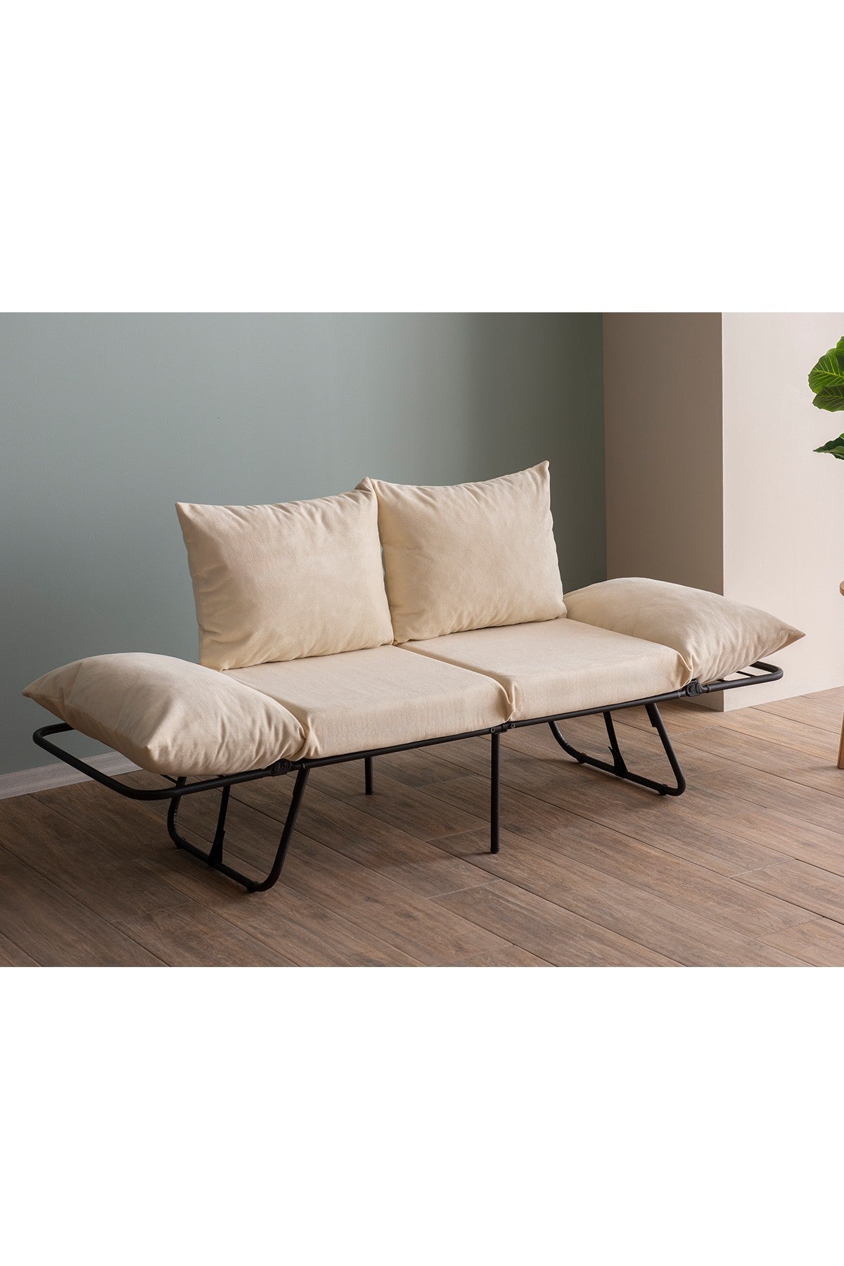 Sofá-cama de 2 lugares creme claro, estrutura 100% metálica, assento com 42 cm de profundidade e cama com 180 cm de tamanho | Espuma DNS 24, braços ajustáveis, design elegante e funcional