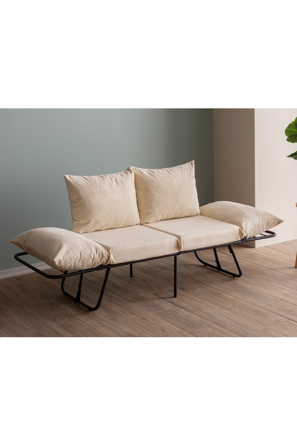 Sofá-cama de 2 lugares creme claro, estrutura 100% metálica, assento com 42 cm de profundidade e cama com 180 cm de tamanho | Espuma DNS 24, braços ajustáveis, design elegante e funcional