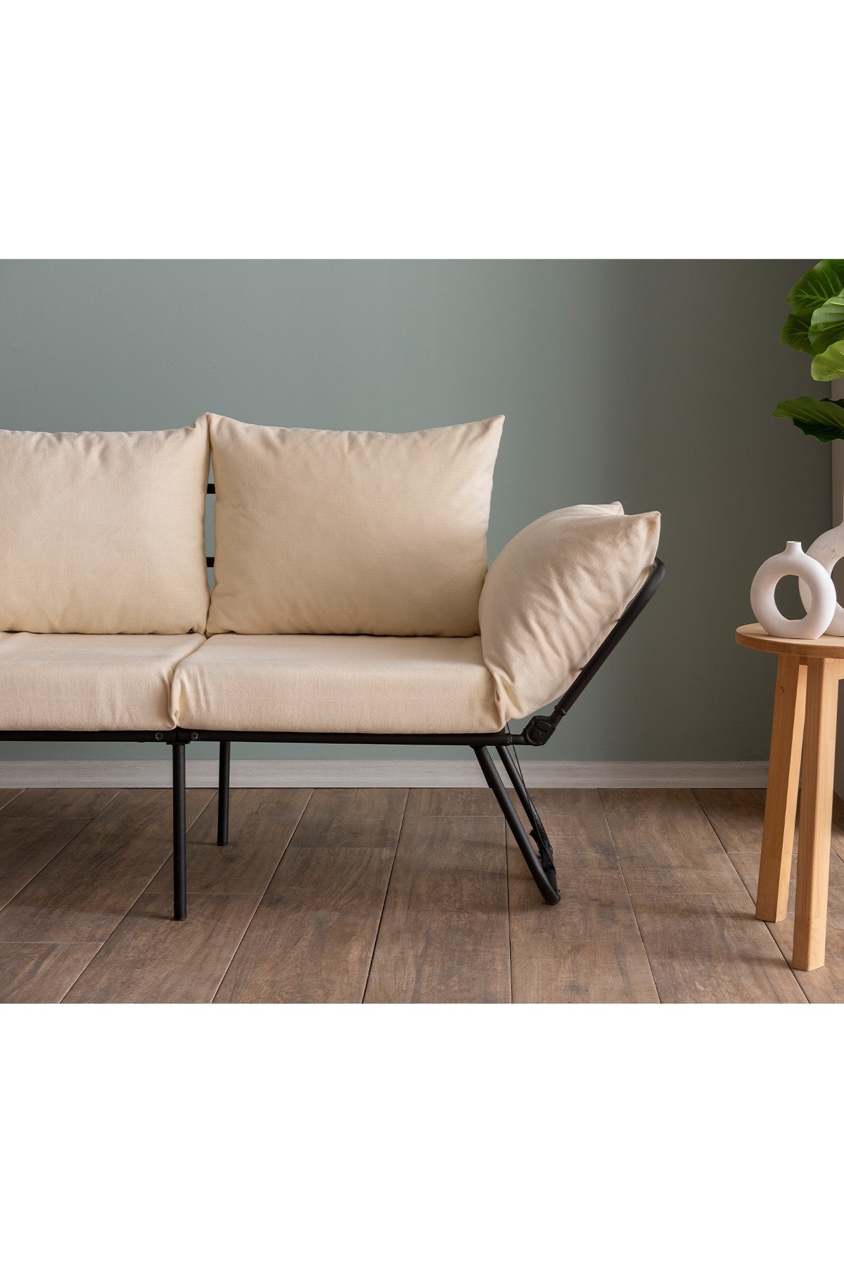 Sofá-cama de 2 lugares creme claro, estrutura 100% metálica, assento com 42 cm de profundidade e cama com 180 cm de tamanho | Espuma DNS 24, braços ajustáveis, design elegante e funcional