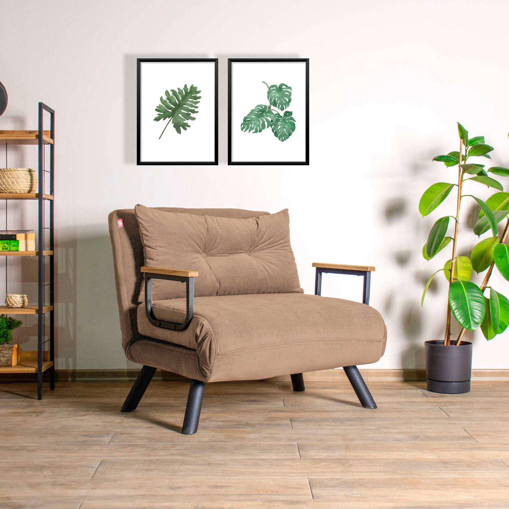 Sofá-cama marrom claro de 1 lugar, estrutura 100% metálica, encosto ajustável em 14 níveis, fácil conversão, capacidade de 100 kg, elegante e funcional para qualquer espaço