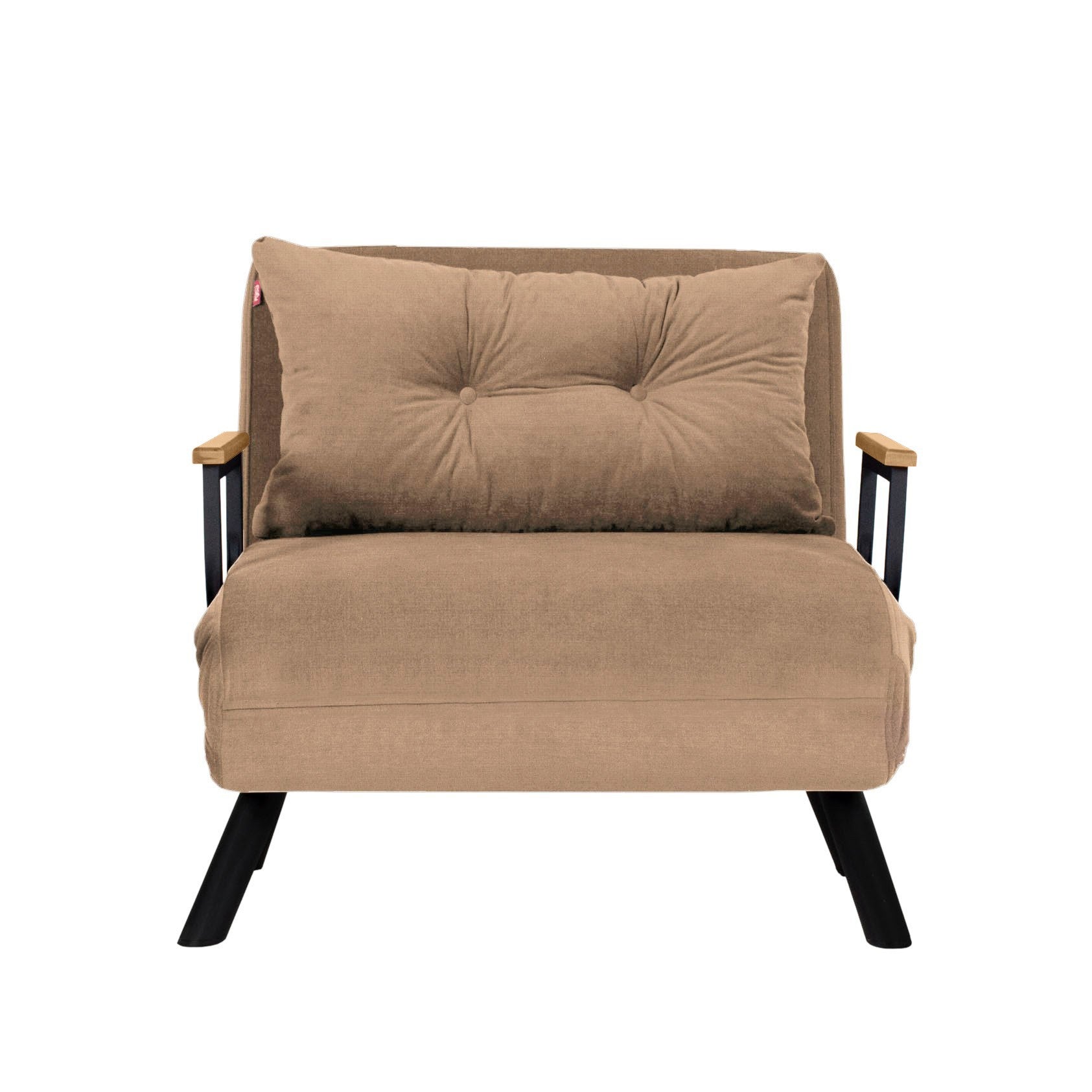 Sofá-cama marrom claro de 1 lugar, estrutura 100% metálica, encosto ajustável em 14 níveis, fácil conversão, capacidade de 100 kg, elegante e funcional para qualquer espaço