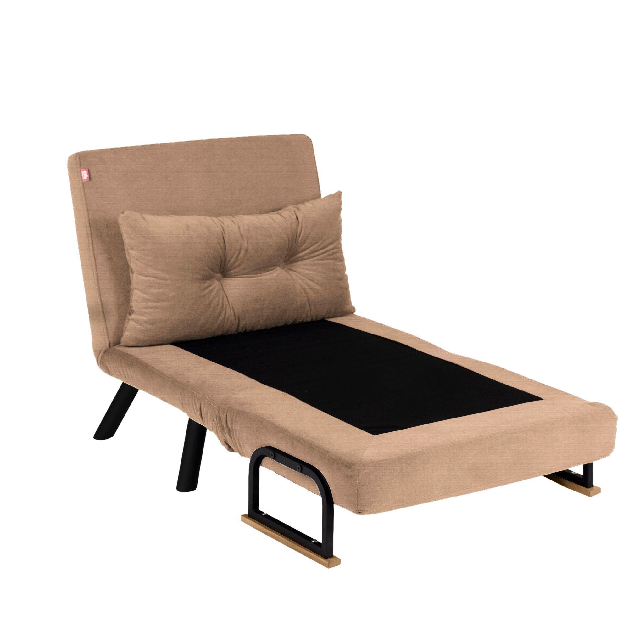 Sofá-cama marrom claro de 1 lugar, estrutura 100% metálica, encosto ajustável em 14 níveis, fácil conversão, capacidade de 100 kg, elegante e funcional para qualquer espaço