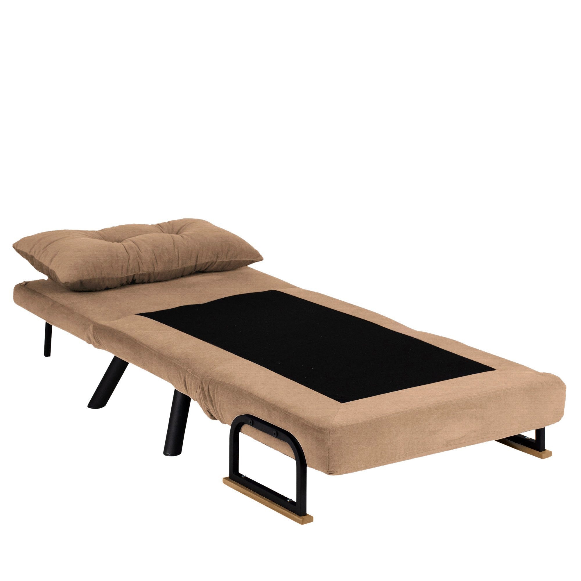 Sofá-cama marrom claro de 1 lugar, estrutura 100% metálica, encosto ajustável em 14 níveis, fácil conversão, capacidade de 100 kg, elegante e funcional para qualquer espaço