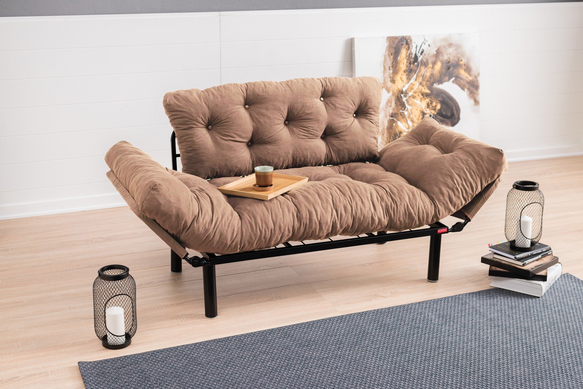 Sofá-cama elegante de 2 lugares, marrom claro, 155 x 85 x 70 cm | Estrutura 100% metálica, tecido de microfibra, espuma de alto DNS | Fácil de limpar, peso máximo de 200 kg