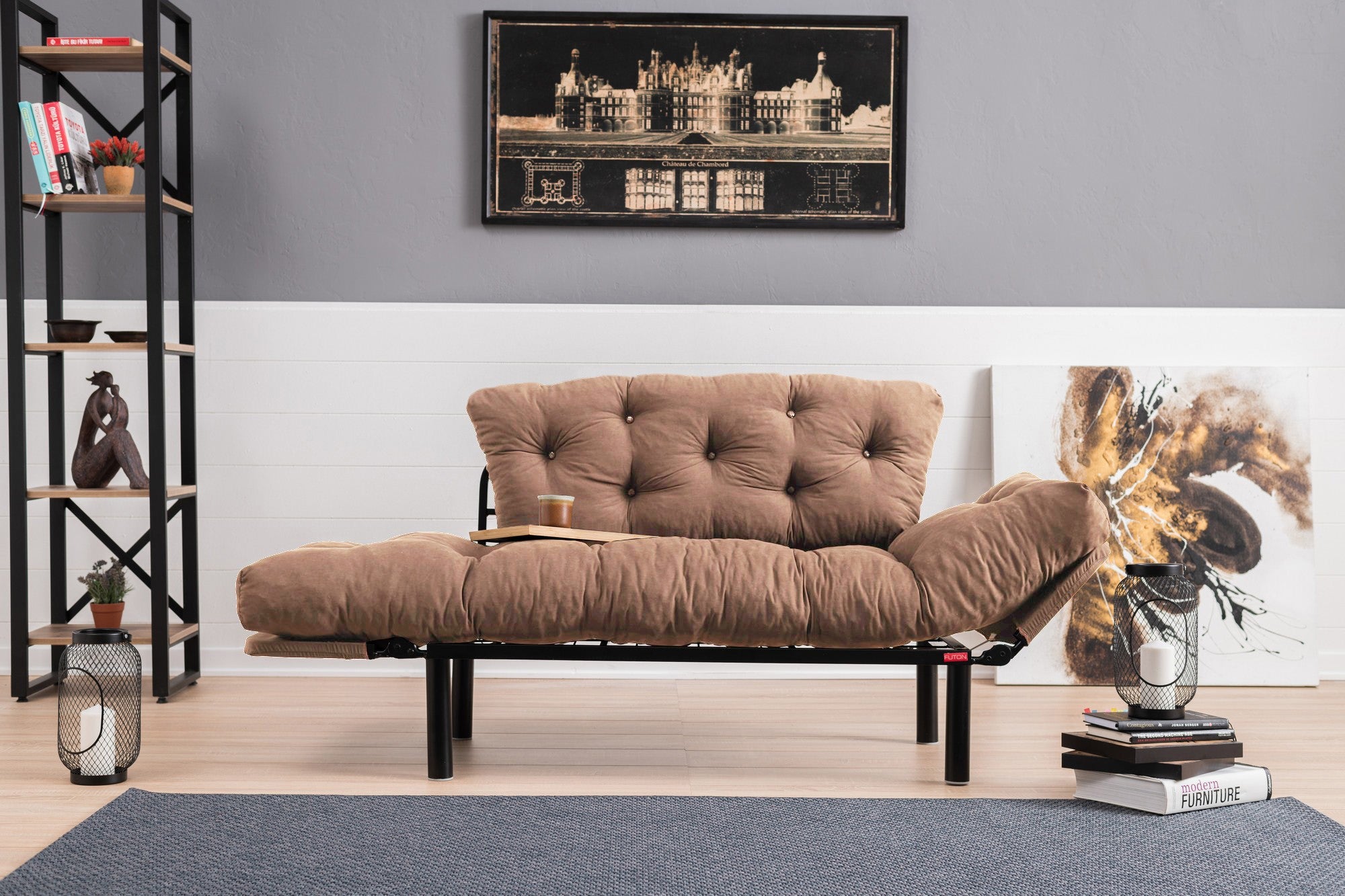 Sofá-cama elegante de 2 lugares, marrom claro, 155 x 85 x 70 cm | Estrutura 100% metálica, tecido de microfibra, espuma de alto DNS | Fácil de limpar, peso máximo de 200 kg
