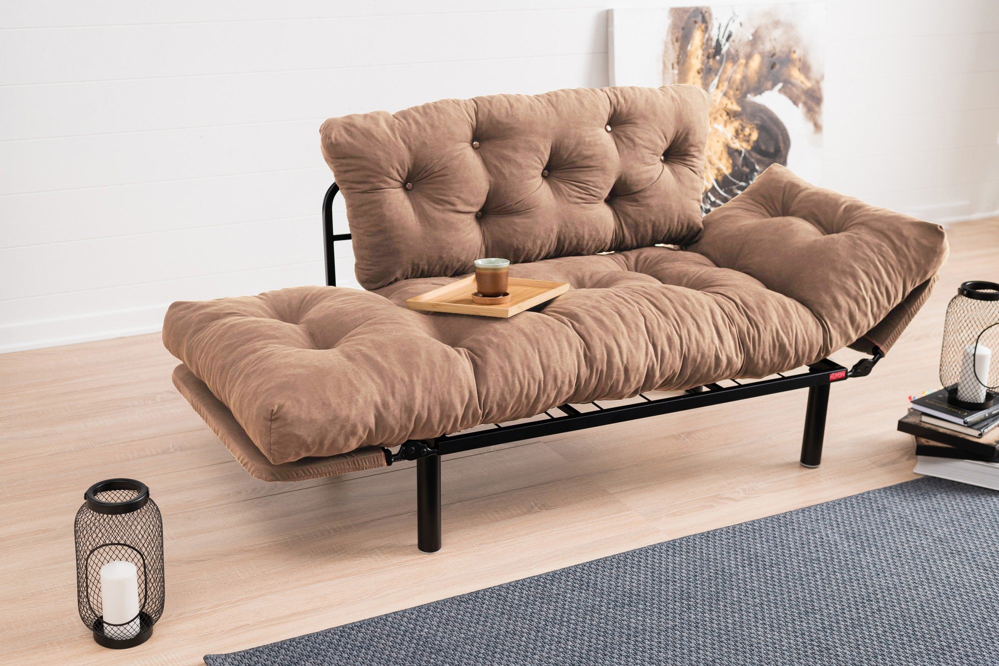 Sofá-cama elegante de 2 lugares, marrom claro, 155 x 85 x 70 cm | Estrutura 100% metálica, tecido de microfibra, espuma de alto DNS | Fácil de limpar, peso máximo de 200 kg