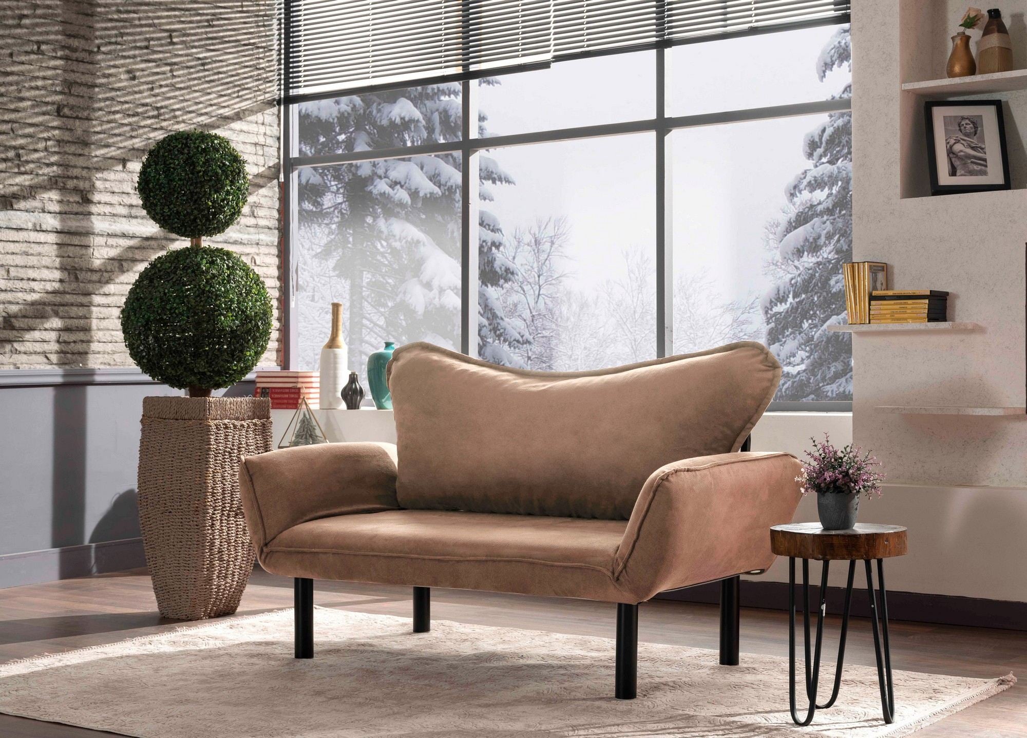 Sofá-cama elegante de 2 lugares, marrom claro, 150 cm | Estrutura 100% metálica, tecido fácil de limpar, braços multiposições | Perfeito para espaços modernos, máximo de 200 kg