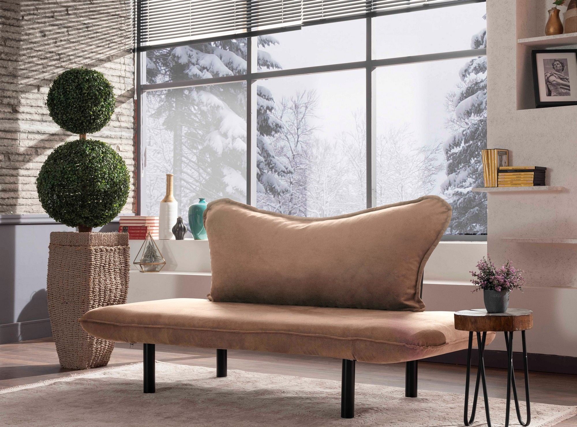 Sofá-cama elegante de 2 lugares, marrom claro, 150 cm | Estrutura 100% metálica, tecido fácil de limpar, braços multiposições | Perfeito para espaços modernos, máximo de 200 kg