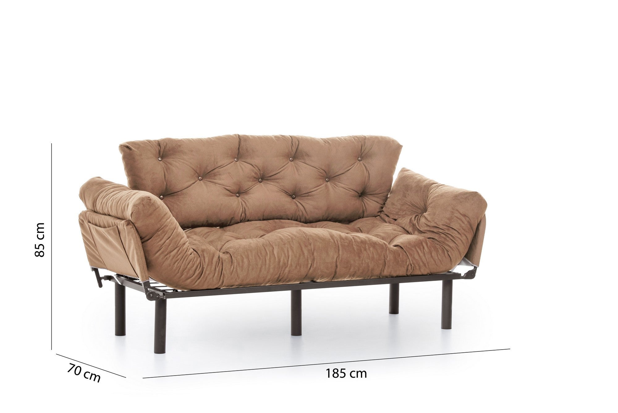 Sofá-cama de 3 lugares, marrom claro, 185 cm | Estrutura 100% metálica, espuma 24 DNS, braços ajustáveis em 5 níveis | Perfeito para sala de estar e quarto de hóspedes, máx. 300 kg