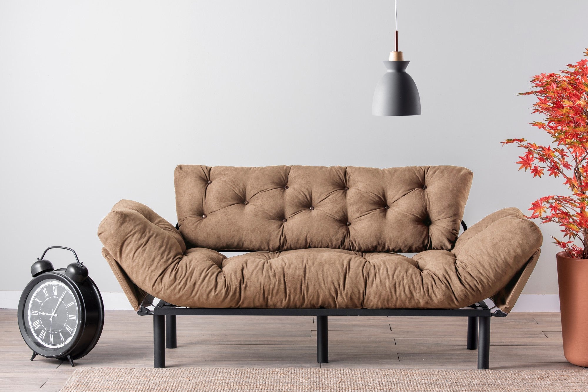 Sofá-cama de 3 lugares, marrom claro, 185 cm | Estrutura 100% metálica, espuma 24 DNS, braços ajustáveis em 5 níveis | Perfeito para sala de estar e quarto de hóspedes, máx. 300 kg