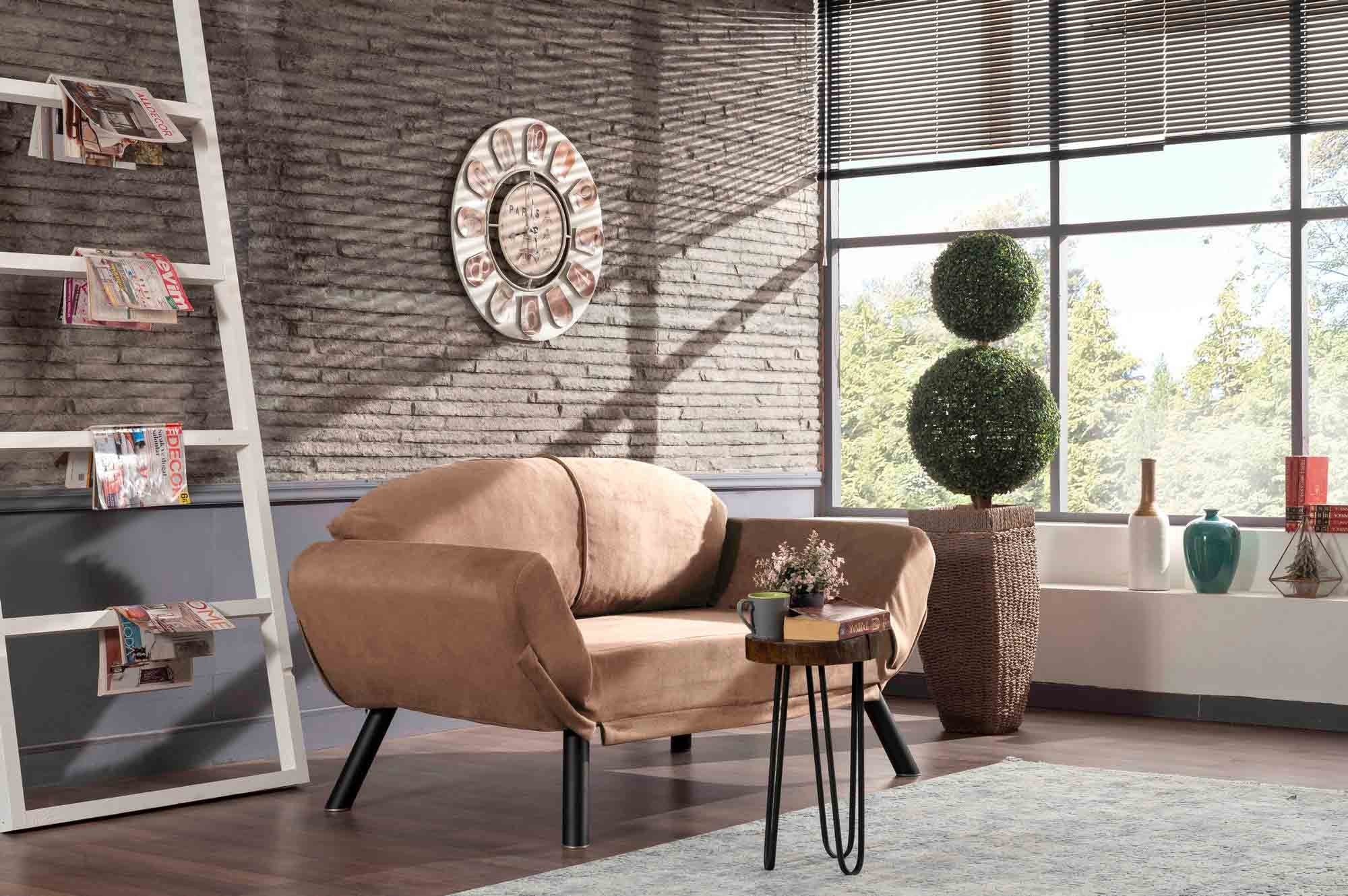 Sofá-cama elegante de 2 lugares, marrom claro, 177 x 87 x 75 cm | Estrutura 100% metálica, tecido fácil de limpar, braços multiposições, capacidade para 200 kg | Perfeito para espaços modernos