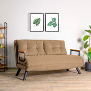 Sofá-cama marrom claro de 2 lugares, estrutura 100% metálica, encosto ajustável em 14 níveis, tamanho de cama de 175 cm, espuma reciclada, elegante e funcional para espaços de convivência modernos