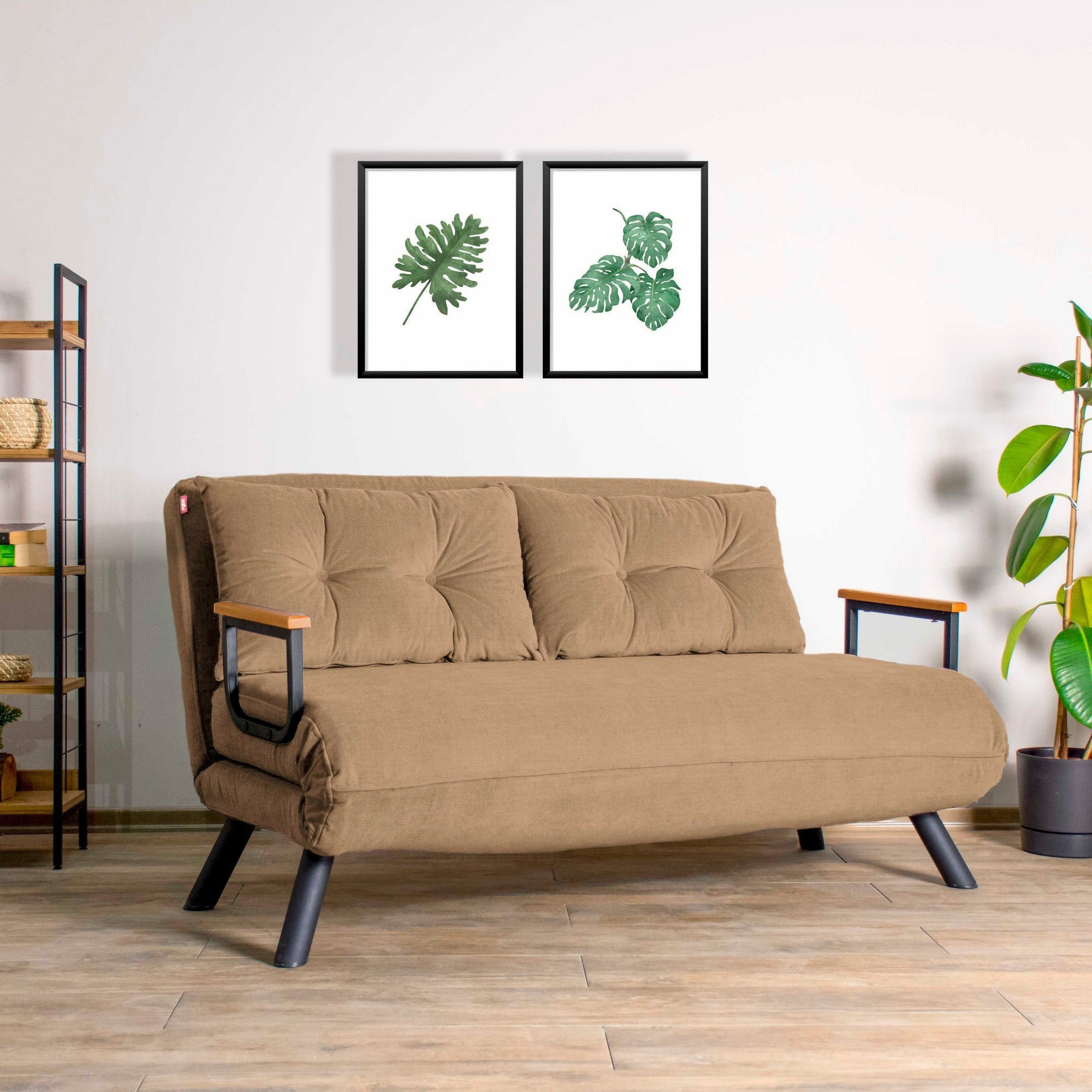 Sofá-cama marrom claro de 2 lugares, estrutura 100% metálica, encosto ajustável em 14 níveis, tamanho de cama de 175 cm, espuma reciclada, elegante e funcional para espaços de convivência modernos