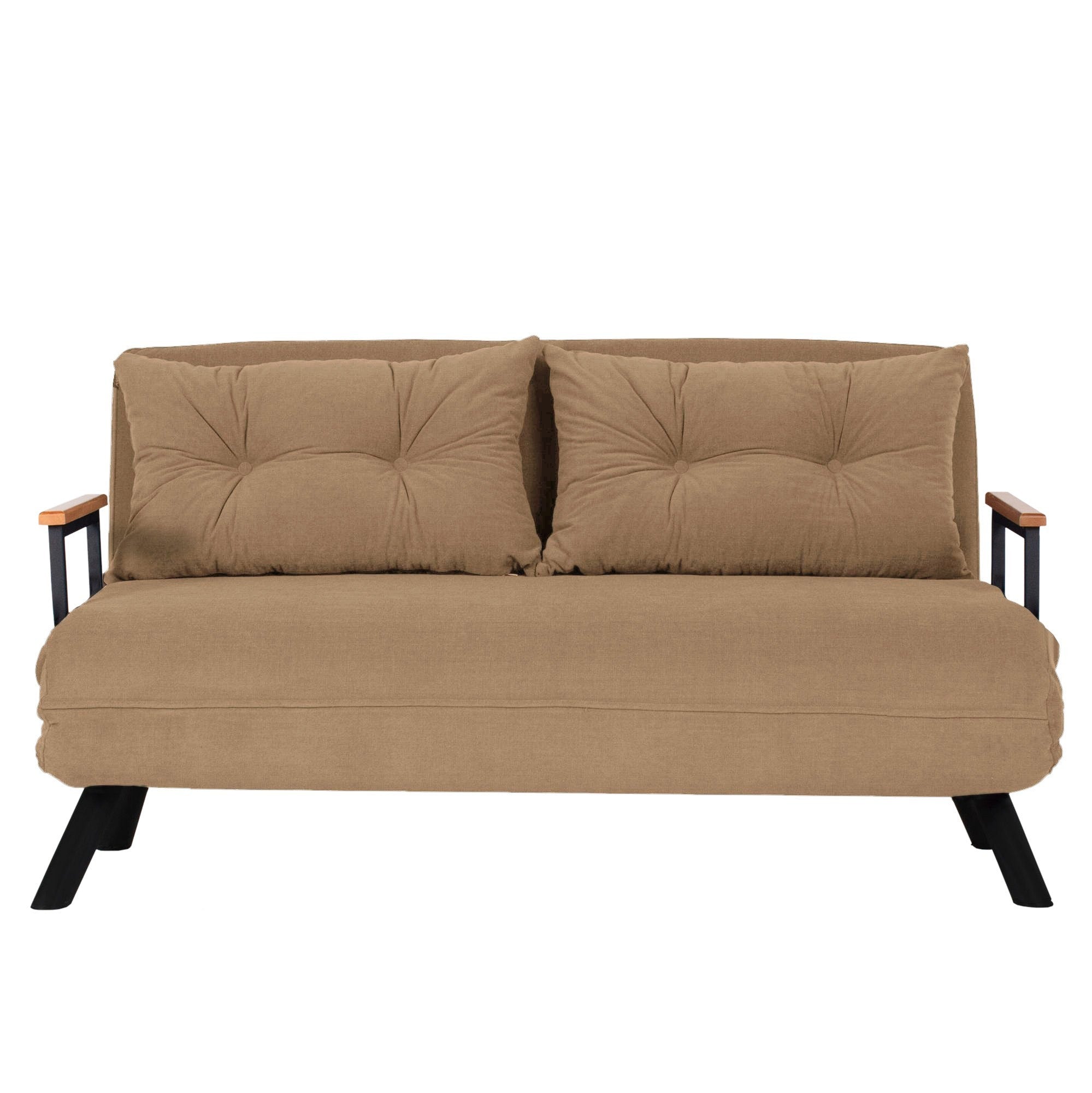Sofá-cama marrom claro de 2 lugares, estrutura 100% metálica, encosto ajustável em 14 níveis, tamanho de cama de 175 cm, espuma reciclada, elegante e funcional para espaços de convivência modernos