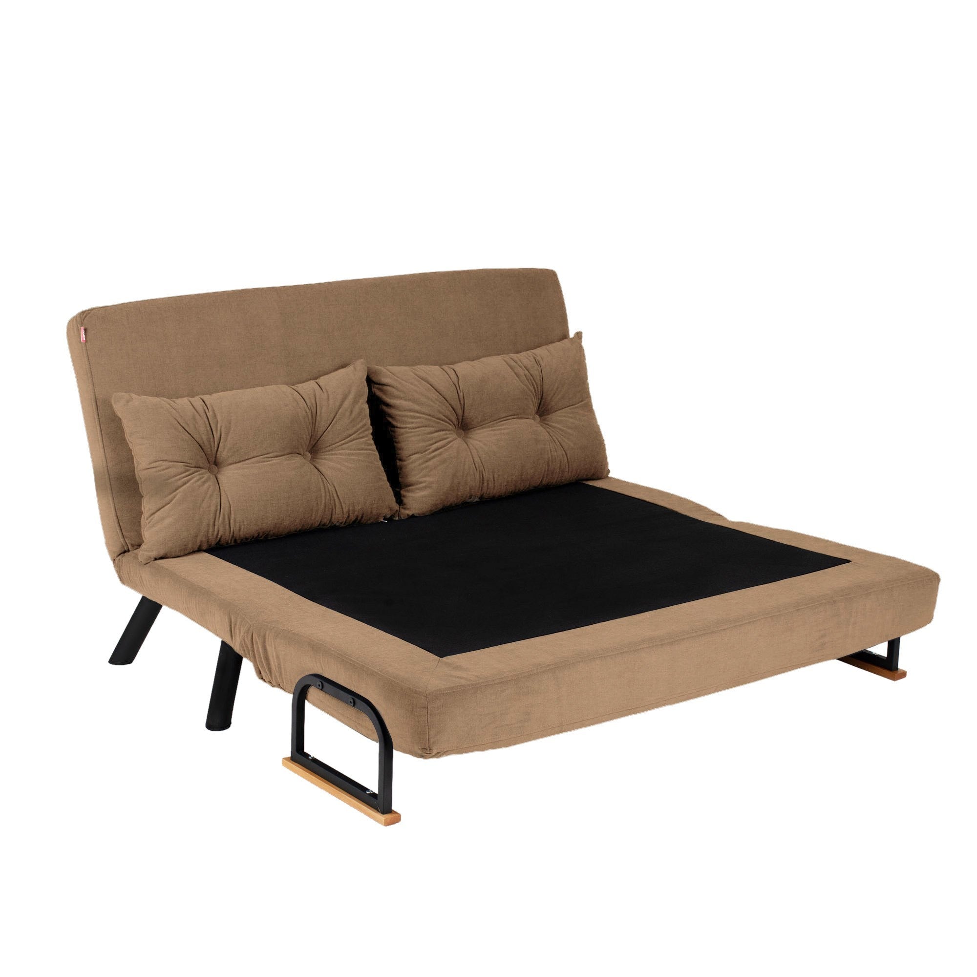 Sofá-cama marrom claro de 2 lugares, estrutura 100% metálica, encosto ajustável em 14 níveis, tamanho de cama de 175 cm, espuma reciclada, elegante e funcional para espaços de convivência modernos