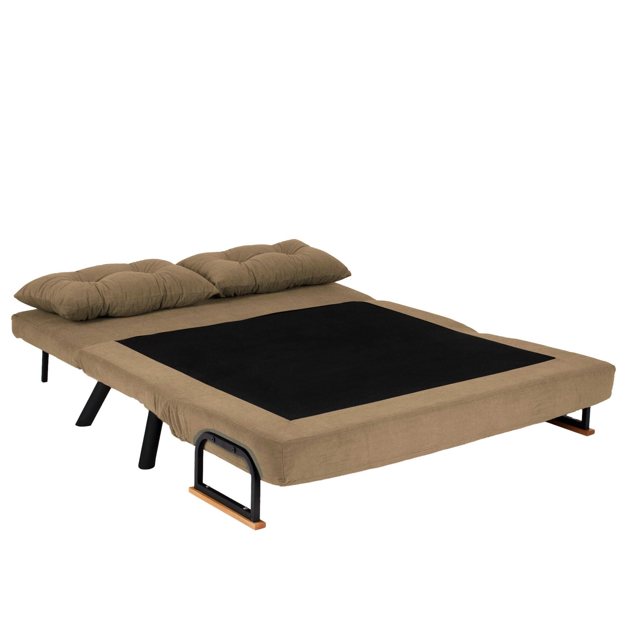Sofá-cama marrom claro de 2 lugares, estrutura 100% metálica, encosto ajustável em 14 níveis, tamanho de cama de 175 cm, espuma reciclada, elegante e funcional para espaços de convivência modernos