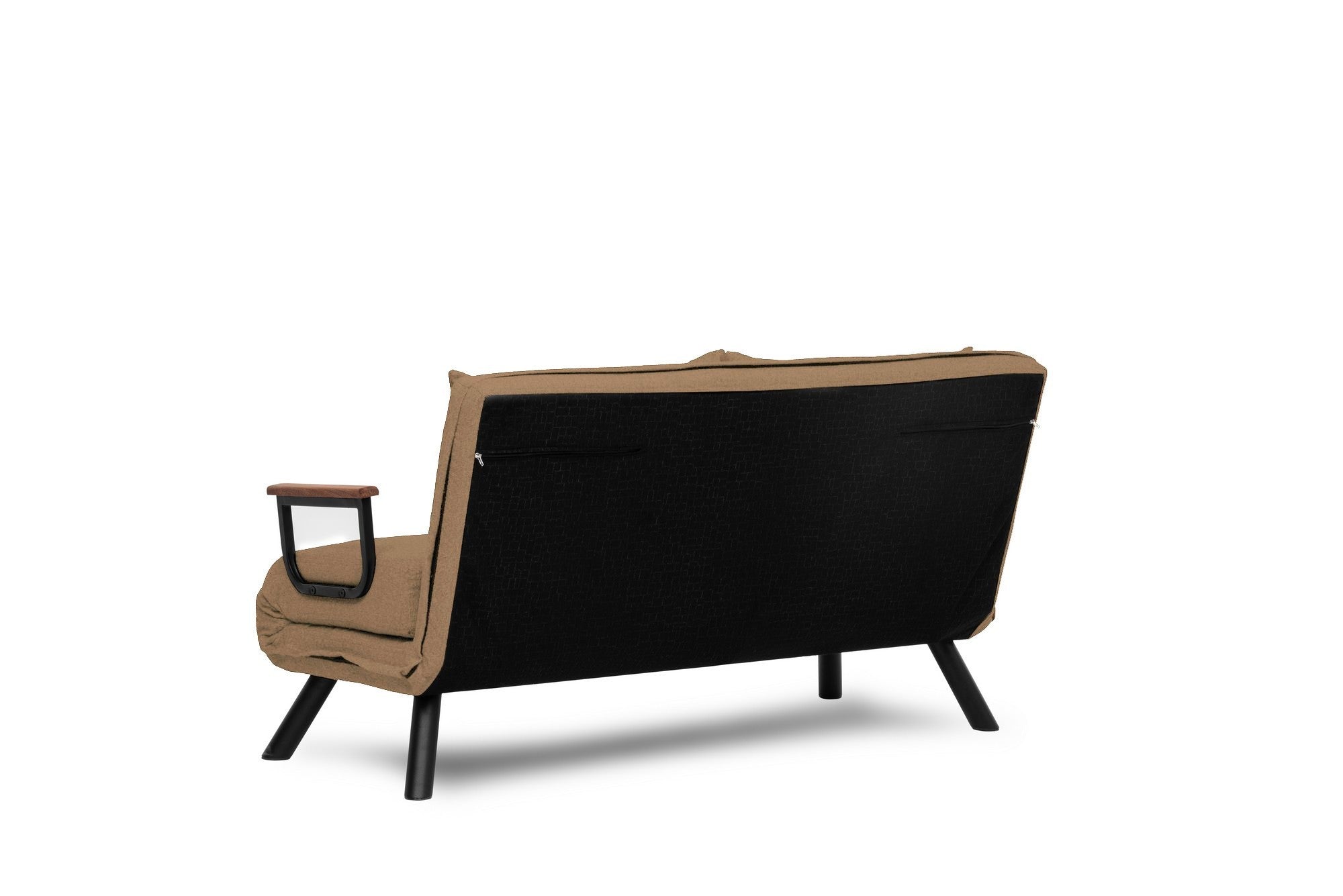 Sofá-cama marrom claro de 2 lugares, estrutura 100% metálica, encosto ajustável em 14 níveis, tamanho de cama de 175 cm, espuma reciclada, elegante e funcional para espaços de convivência modernos