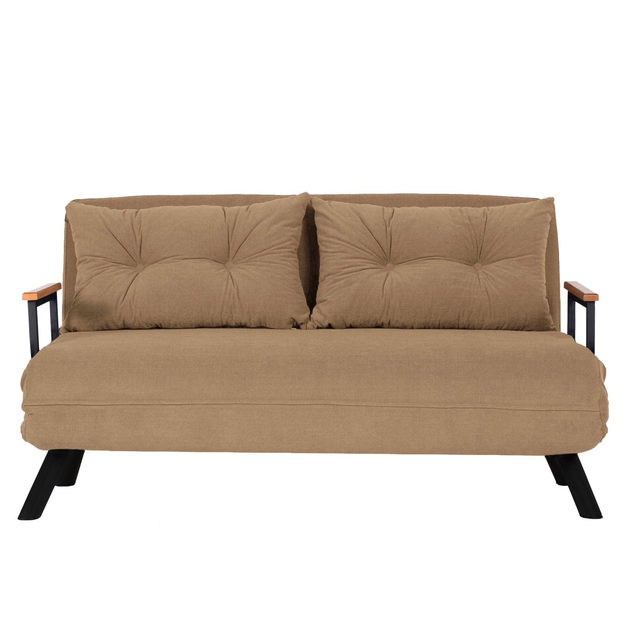 Sofá-cama marrom claro de 2 lugares, estrutura 100% metálica, encosto ajustável em 14 níveis, tamanho de cama de 175 cm, espuma reciclada, elegante e funcional para espaços de convivência modernos