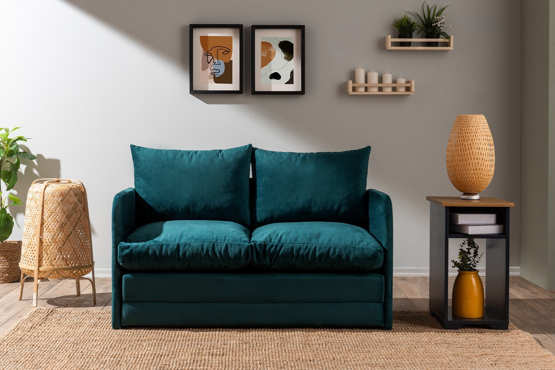 Sofá-cama moderno de 2 lugares, verde-petróleo, 128 x 70 x 66 cm | Estrutura 100% metálica e tecido de poliéster | Converte-se em cama de 200 x 120 cm, elegante e funcional