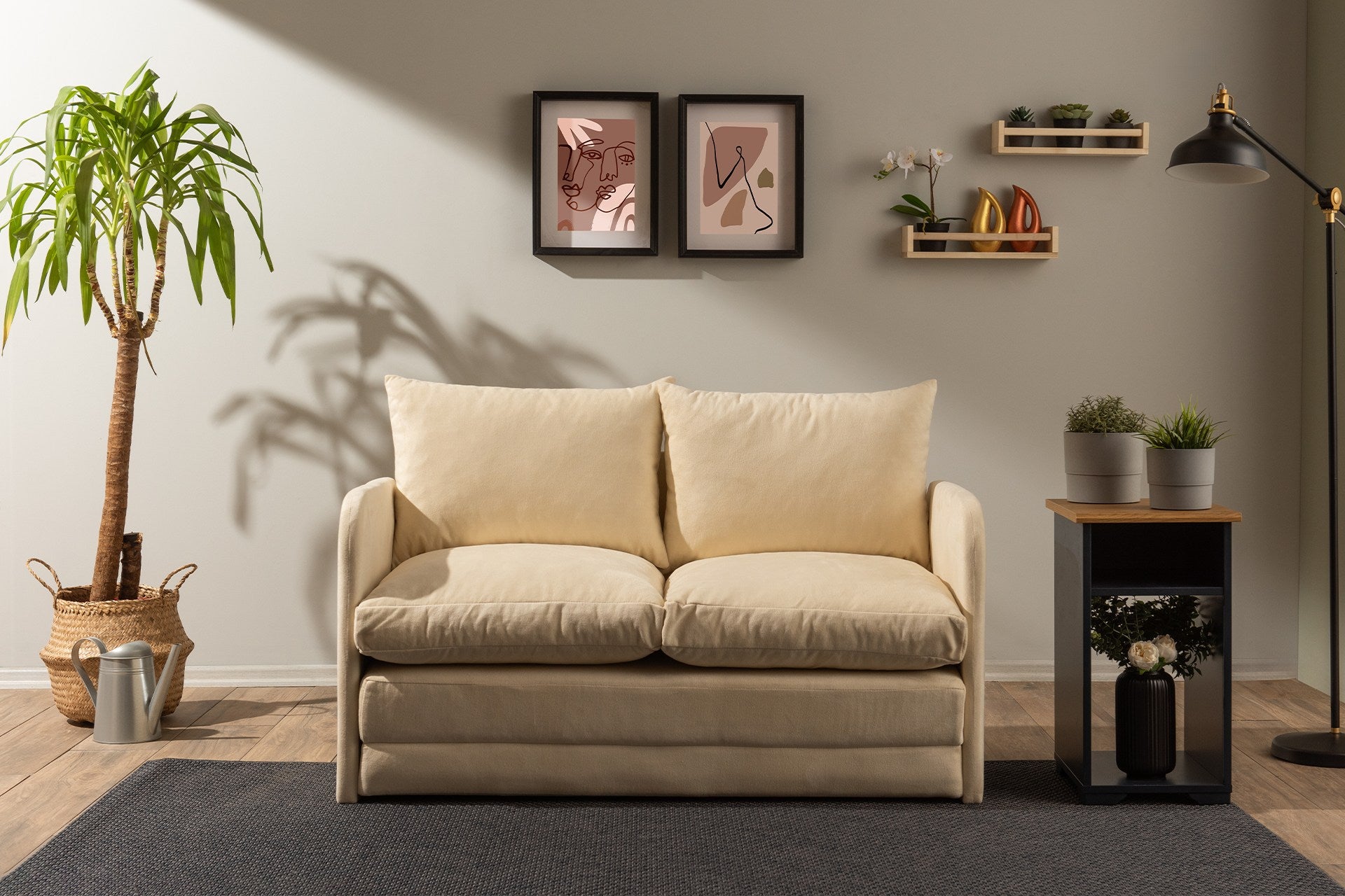 Sofá-cama moderno de 2 lugares, creme, 128 x 70 x 66 cm | Estrutura 100% metal, tecido 100% poliéster | Converte-se em cama de 200 x 120 cm, elegante e funcional