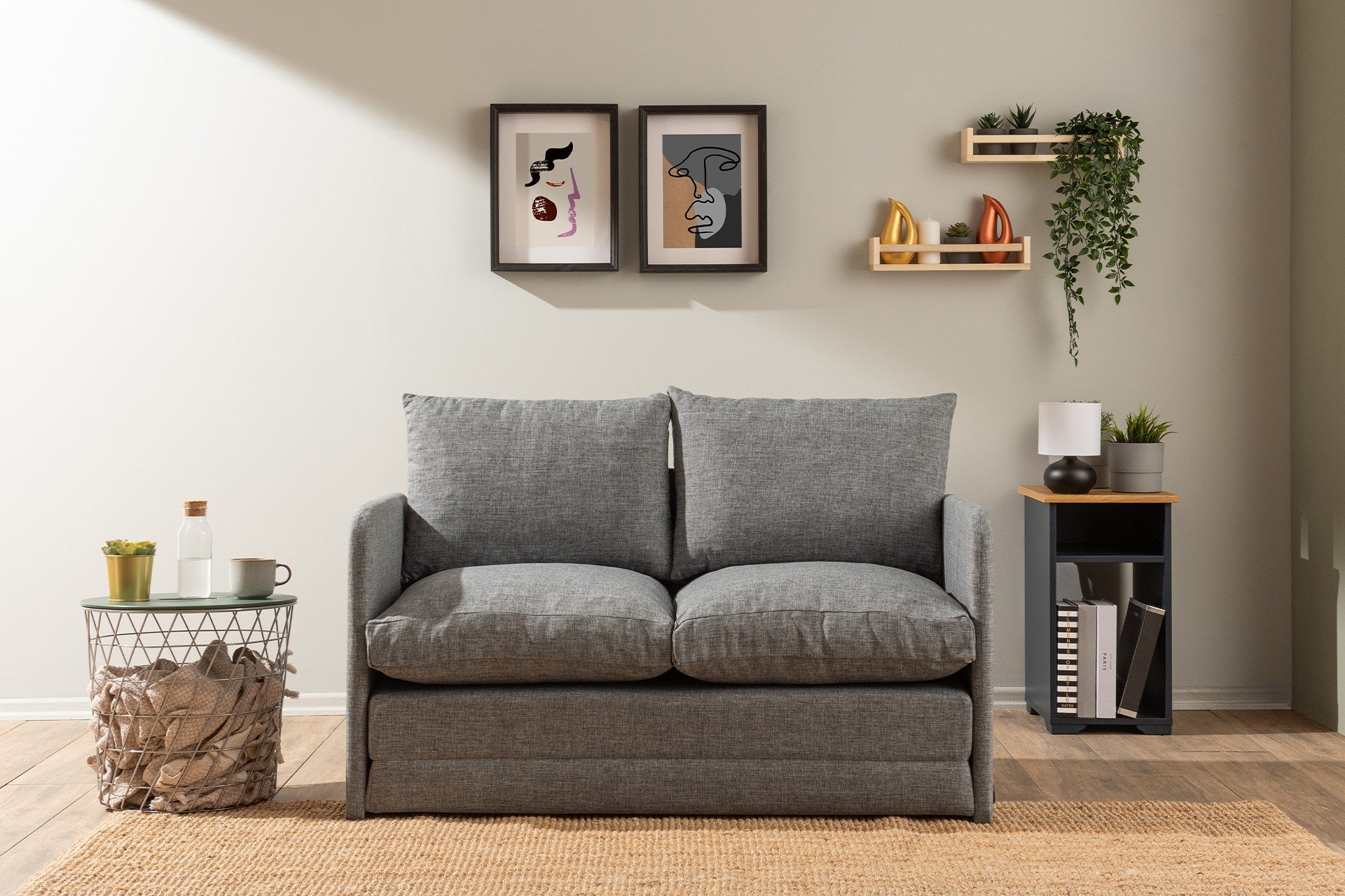 Sofá-cama moderno de 2 lugares, tecido de linho cinza claro, 128 x 70 x 66 cm | Estrutura de metal, transforma-se em cama de 200 x 120 cm | Elegante e funcional para qualquer espaço