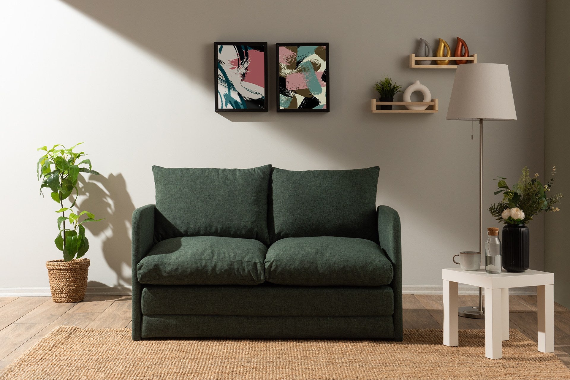 Sofá-cama moderno de 2 lugares, tecido de linho verde, 128 x 70 x 66 cm | Estrutura 100% metálica, transforma-se em cama de 200 x 120 cm | Elegante e funcional para qualquer espaço