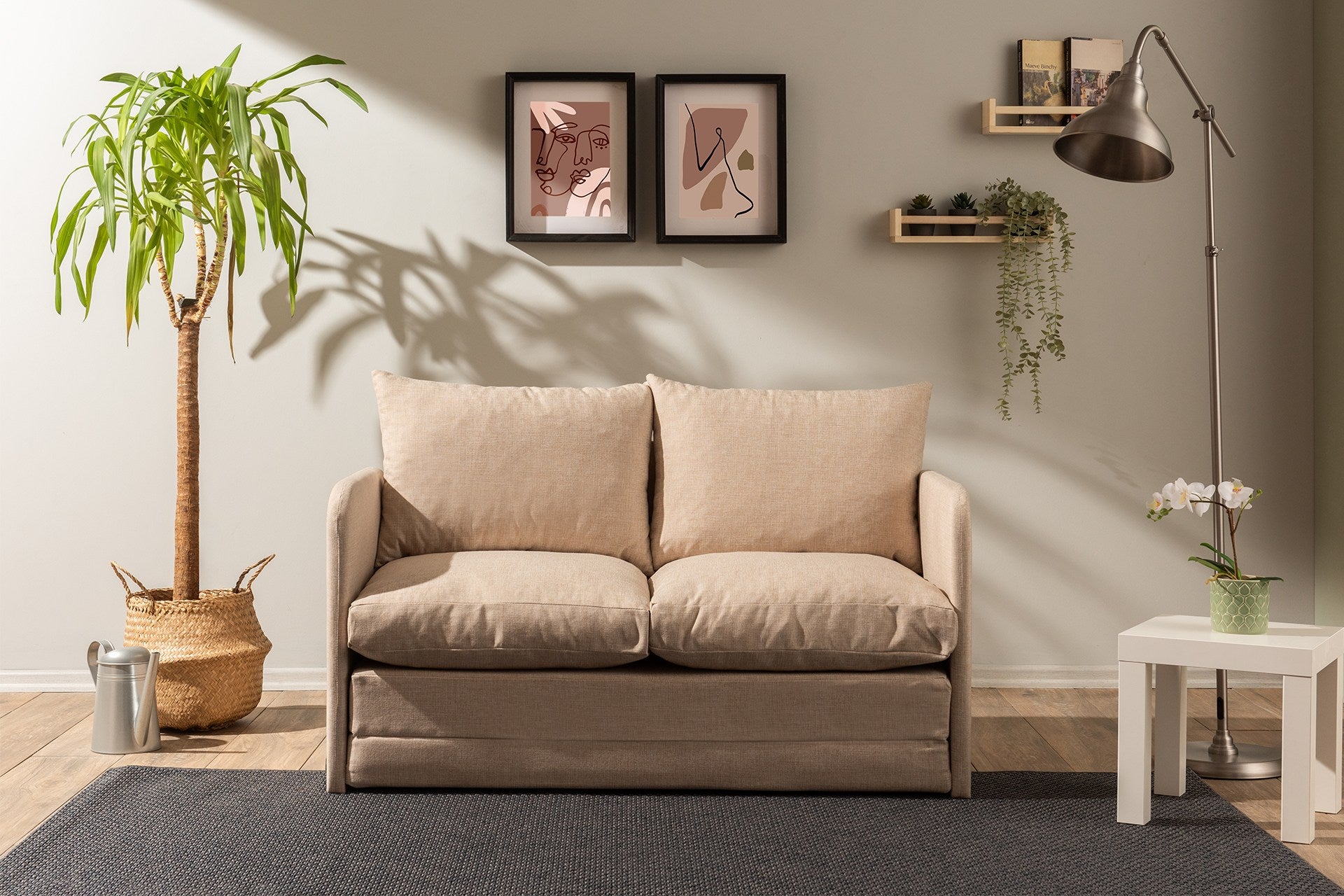 Sofá-cama moderno de 2 lugares, tecido de linho bege, 128 x 70 x 66 cm | Estrutura 100% metálica, transforma-se em cama de 200 x 120 cm | Elegante e funcional para qualquer espaço