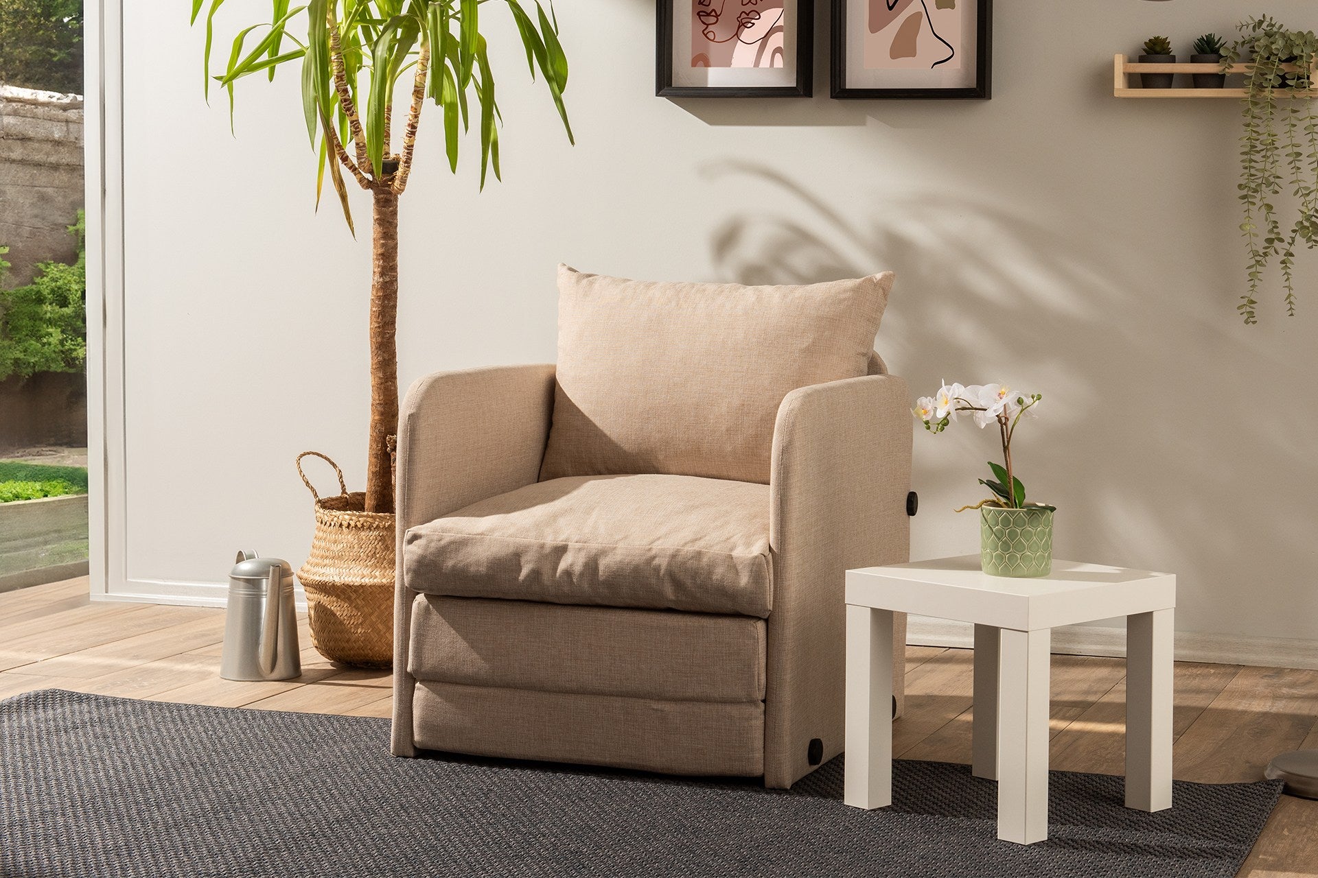 Sofá-cama moderno de 1 lugar, tecido de linho bege, 68 x 70 x 66 cm | Estrutura 100% metálica, transforma-se em cama de 200 x 60 cm | Elegante e funcional para espaços pequenos