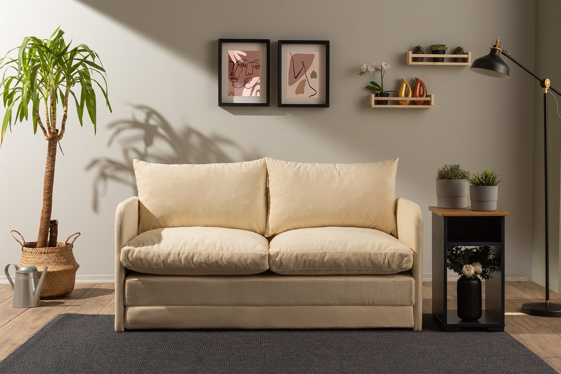 Sofá-cama moderno de 2 lugares, creme, 148 x 70 x 66 cm | Estrutura 100% metal, tecido 100% poliéster | Converte-se em cama de 200 x 140 cm, elegante e funcional