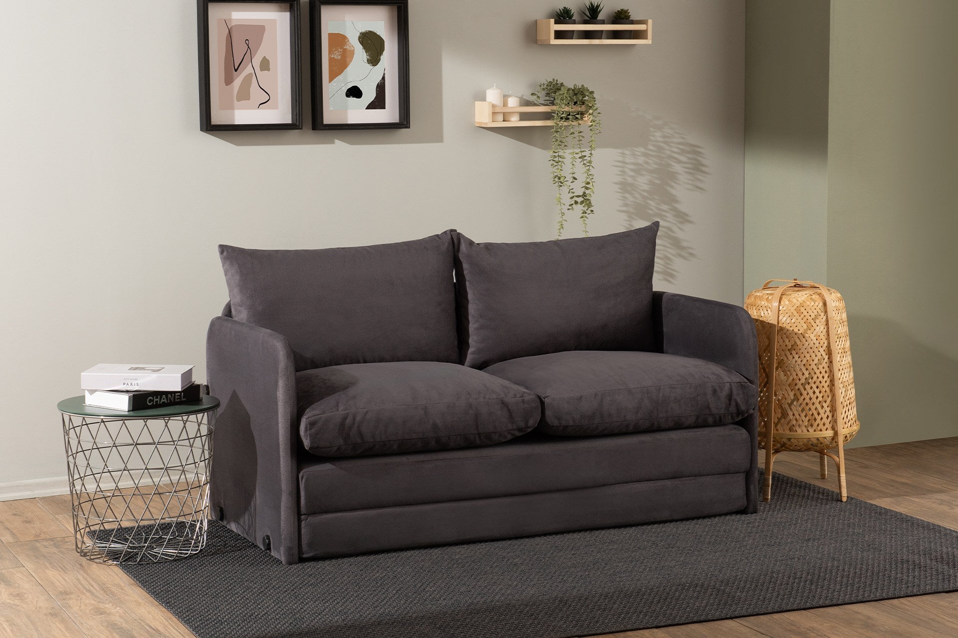 Sofá-cama moderno de 2 lugares, cinza, 148 x 70 x 66 cm | Estrutura 100% metálica e tecido de poliéster | Converte-se em cama de 200 x 140 cm | Design elegante e funcional