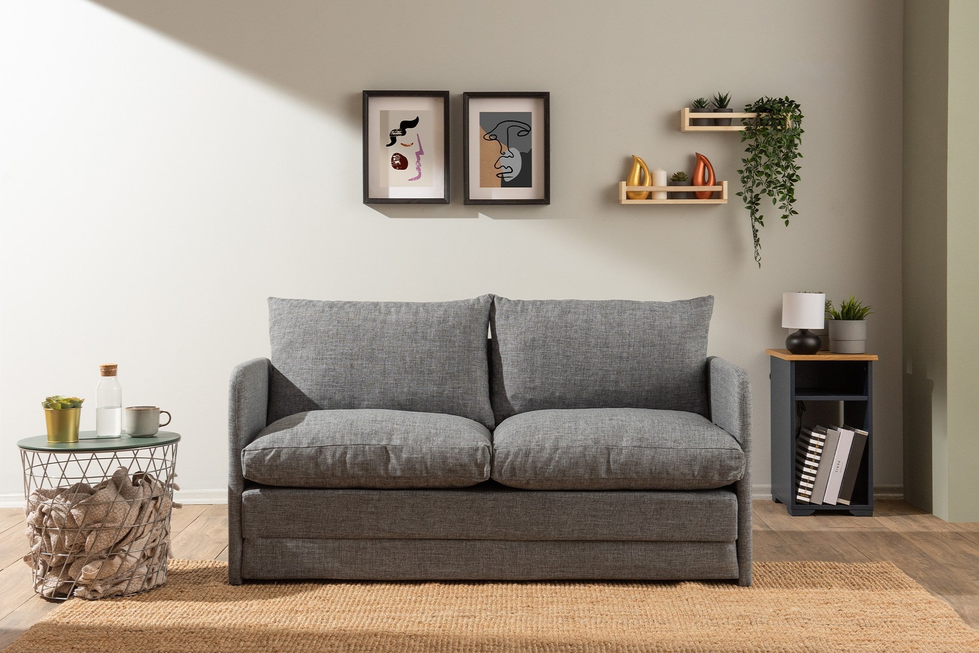 Sofá-cama moderno de 2 lugares, tecido de linho cinza claro, 148 x 70 x 66 cm | Estrutura de metal, transforma-se em cama de 200 x 140 cm | Elegante e funcional para qualquer espaço